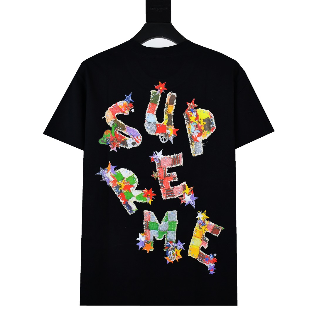 SUPREME スュプリーム パッチワークTシャツ 色付きロゴ文字プリントTシャツ ブラック ホワイト 全2色 - 画像 4