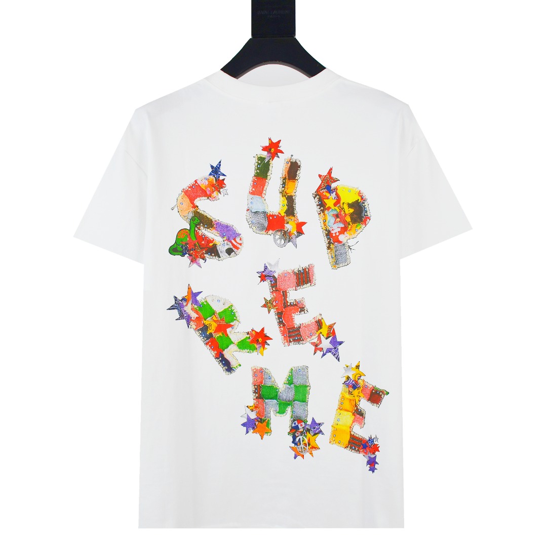 SUPREME スュプリーム パッチワークTシャツ 色付きロゴ文字プリントTシャツ ブラック ホワイト 全2色 - 画像 6