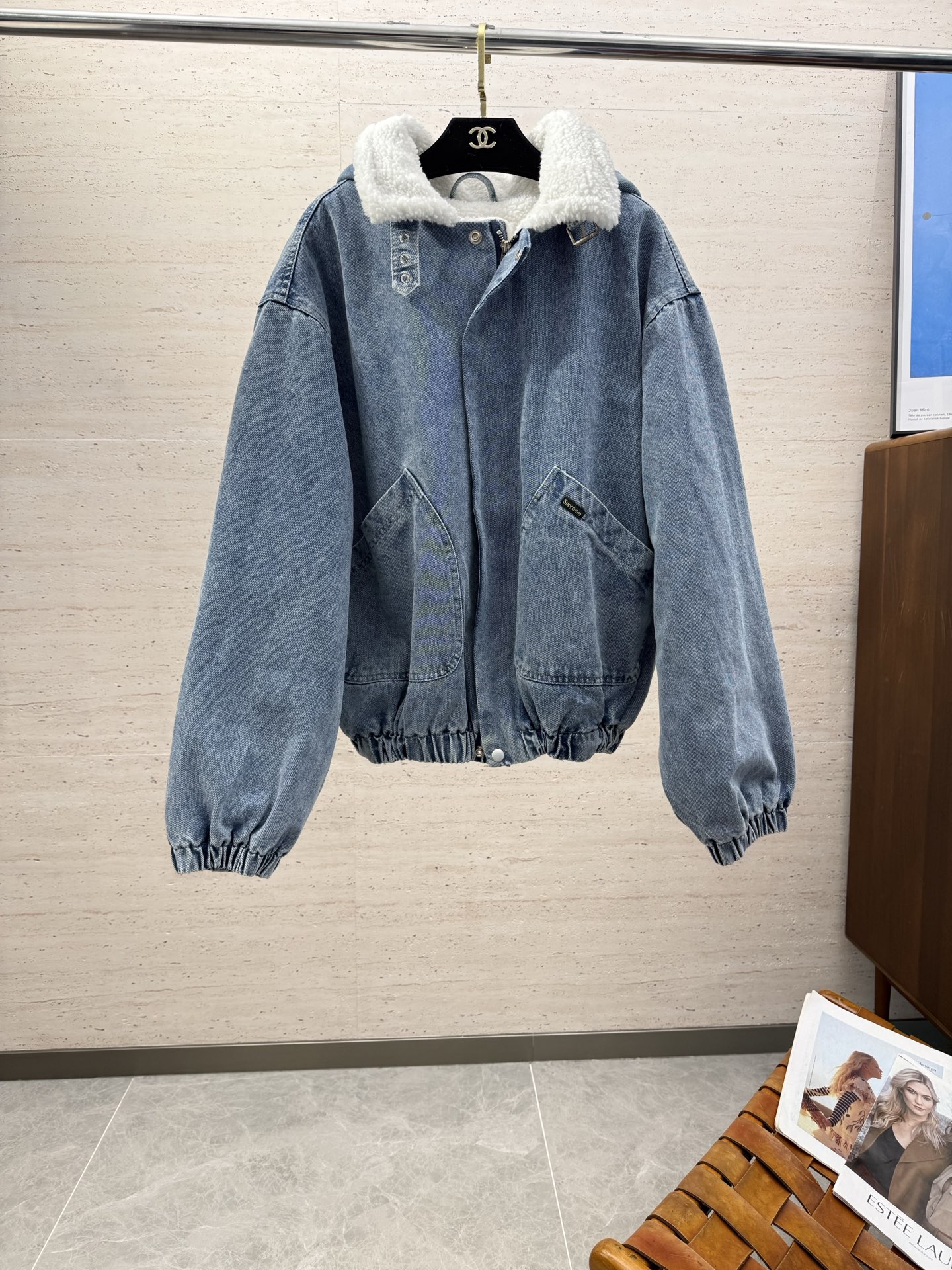 Supreme スーパー デニムジャケット 本革 ファー付き シルク ブルー - 画像 4