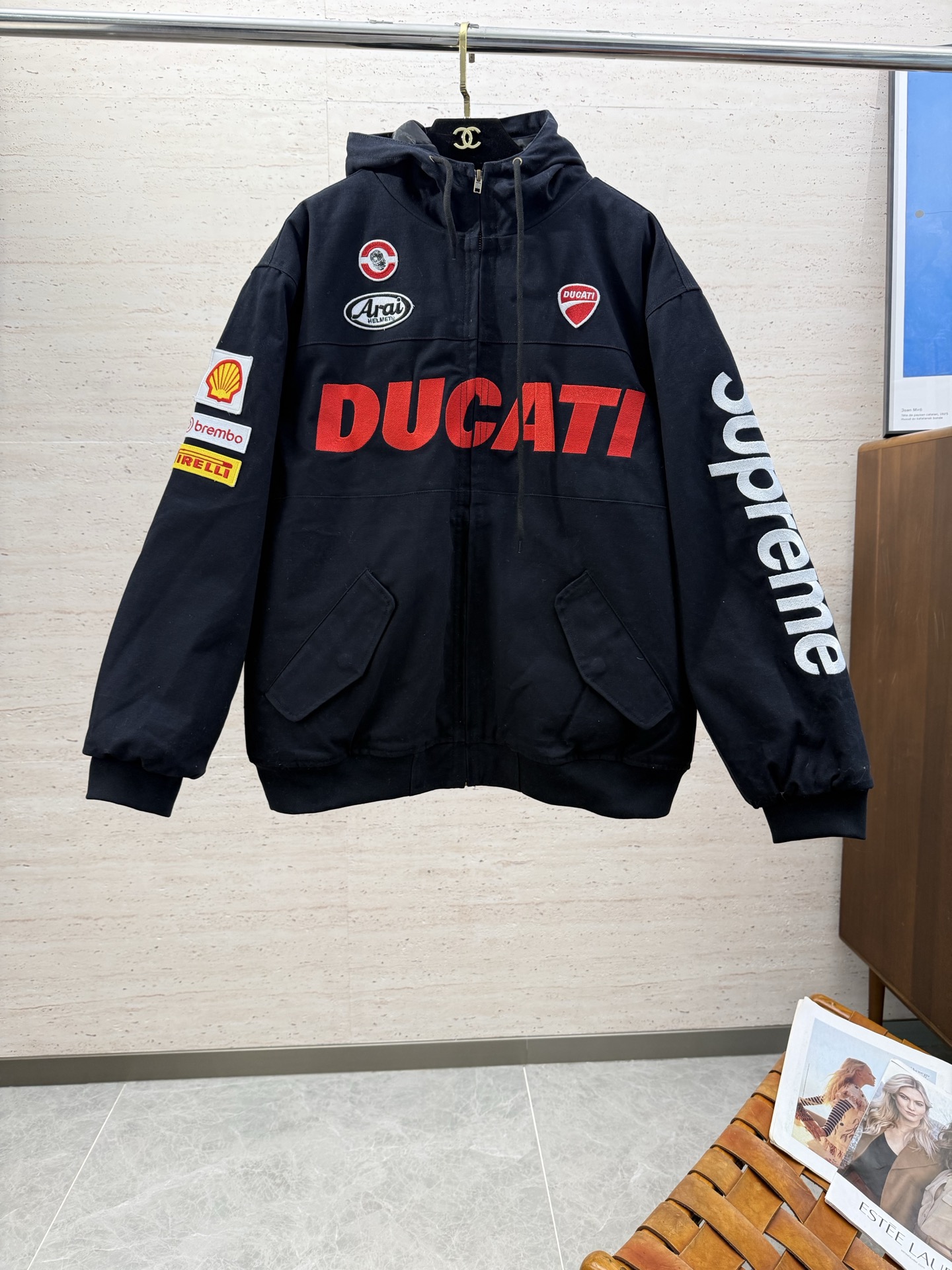 P530 SUPREME スーパーイ フード付きレーシングジャケット ファッションブラック