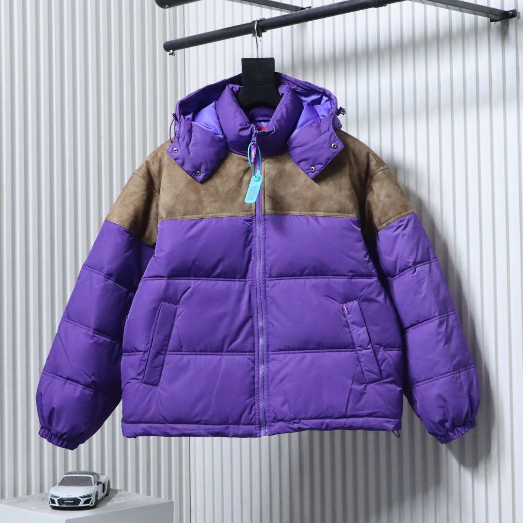 Supreme スプリーム レザーヨークパッフルジャケット 90白鸭绒 ポケット付き ハンチング ブラック ホワイト パープル 全3色