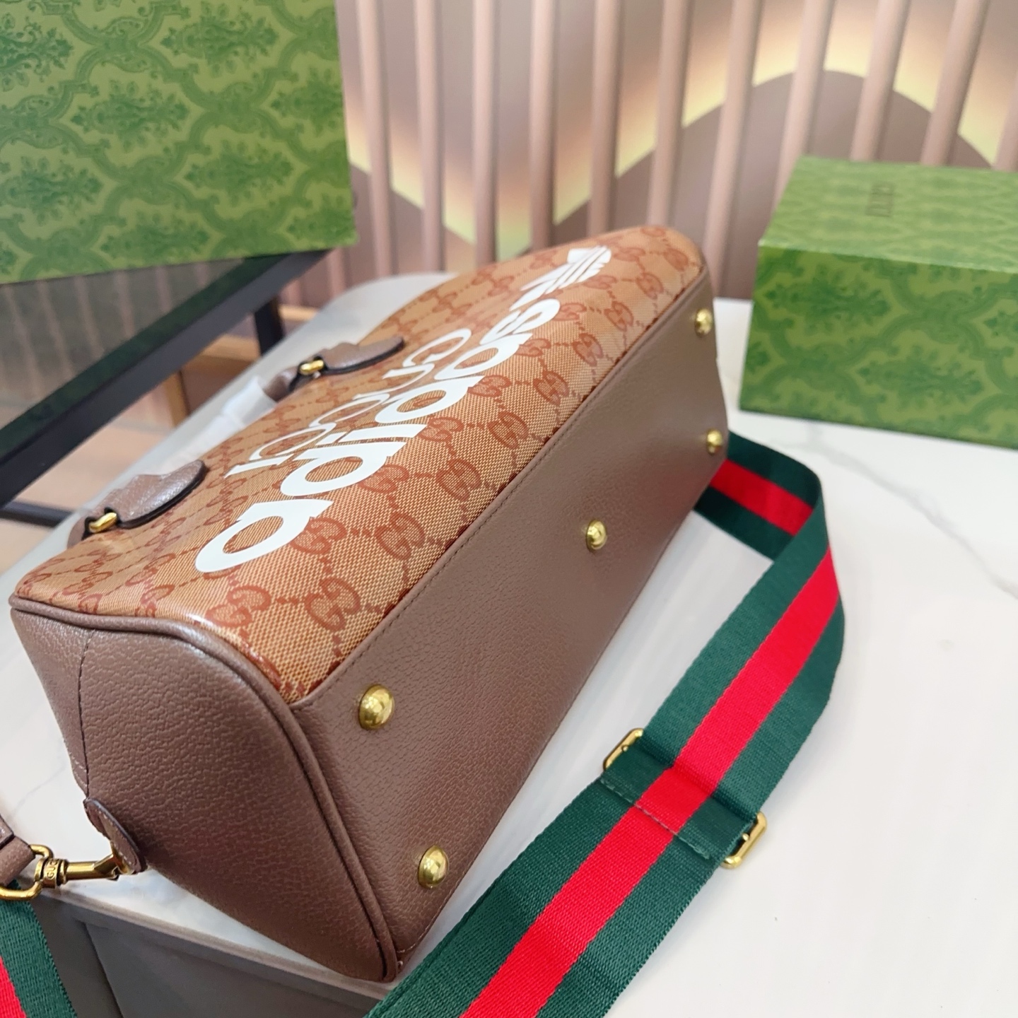 グッチ×アディダス GUCCI×ADIDAS GGクリスタル ミニダッフル コーティン グキャンバスxレザー 2WAYハンドバッグ - 画像 6