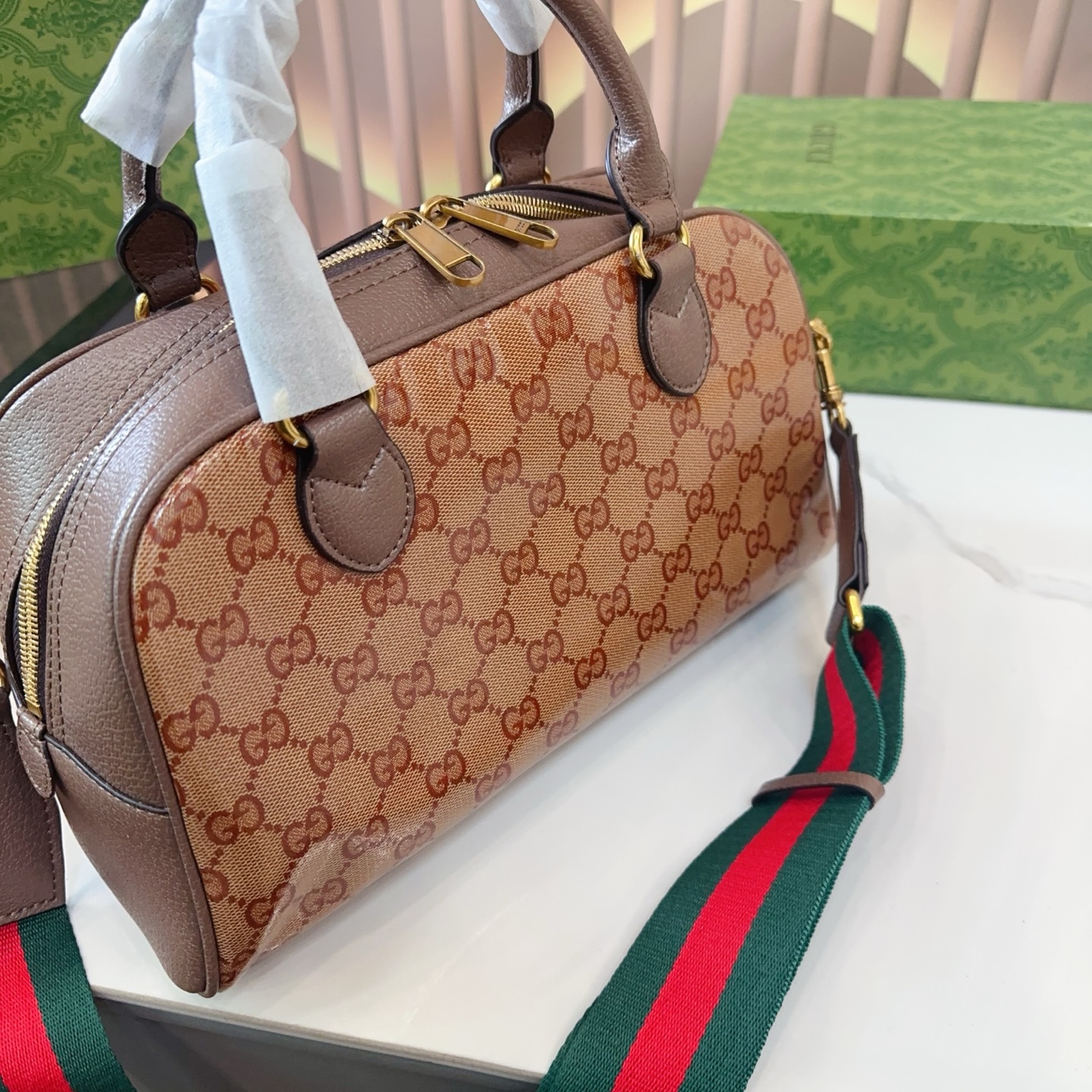 グッチ×アディダス GUCCI×ADIDAS GGクリスタル ミニダッフル コーティン グキャンバスxレザー 2WAYハンドバッグ - 画像 3