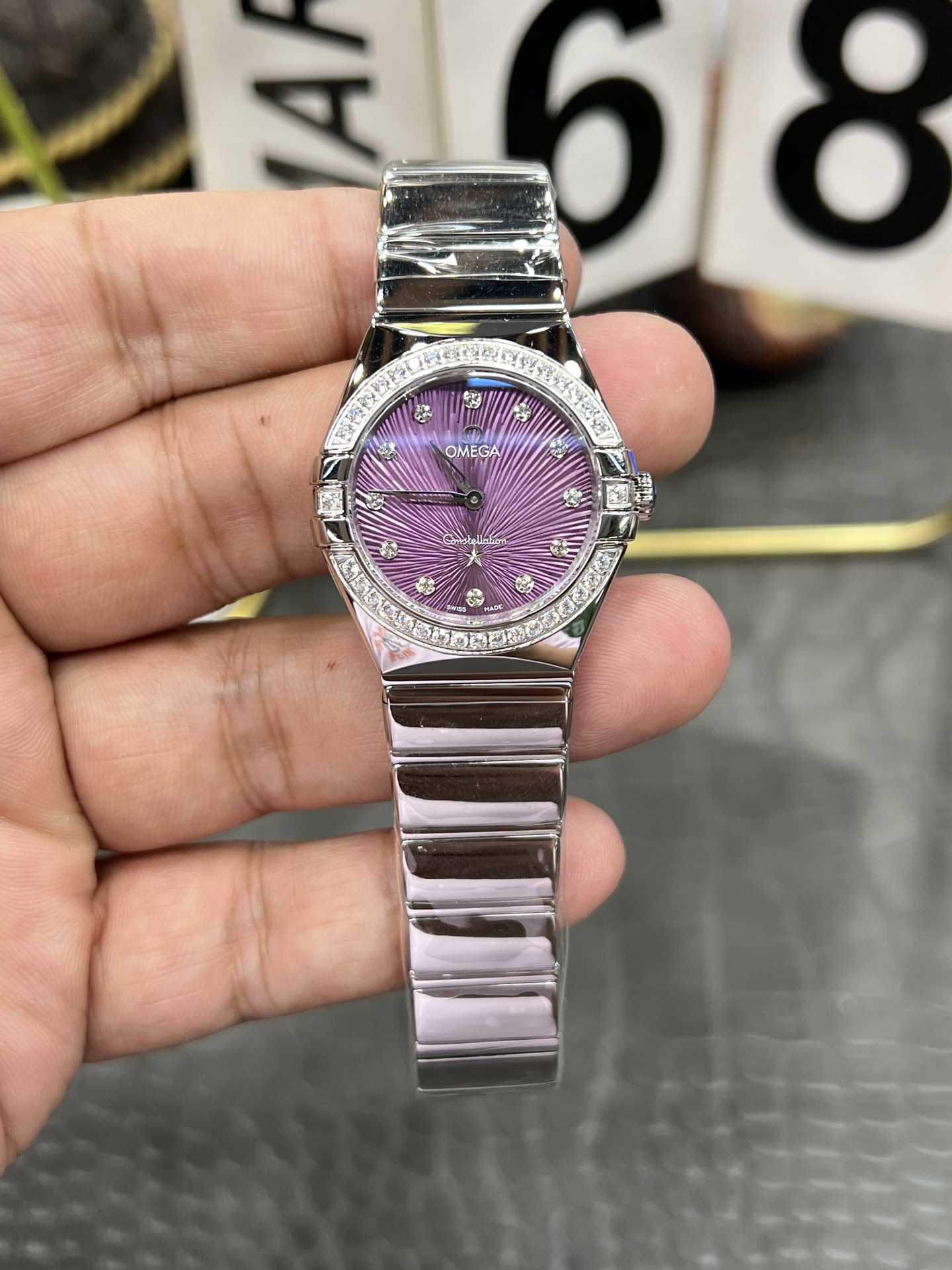 OMEGA オメガ レディース腕時計 セオリー 27mm 紫文字盤 ステンレスブレス ダイヤモンド ブラック