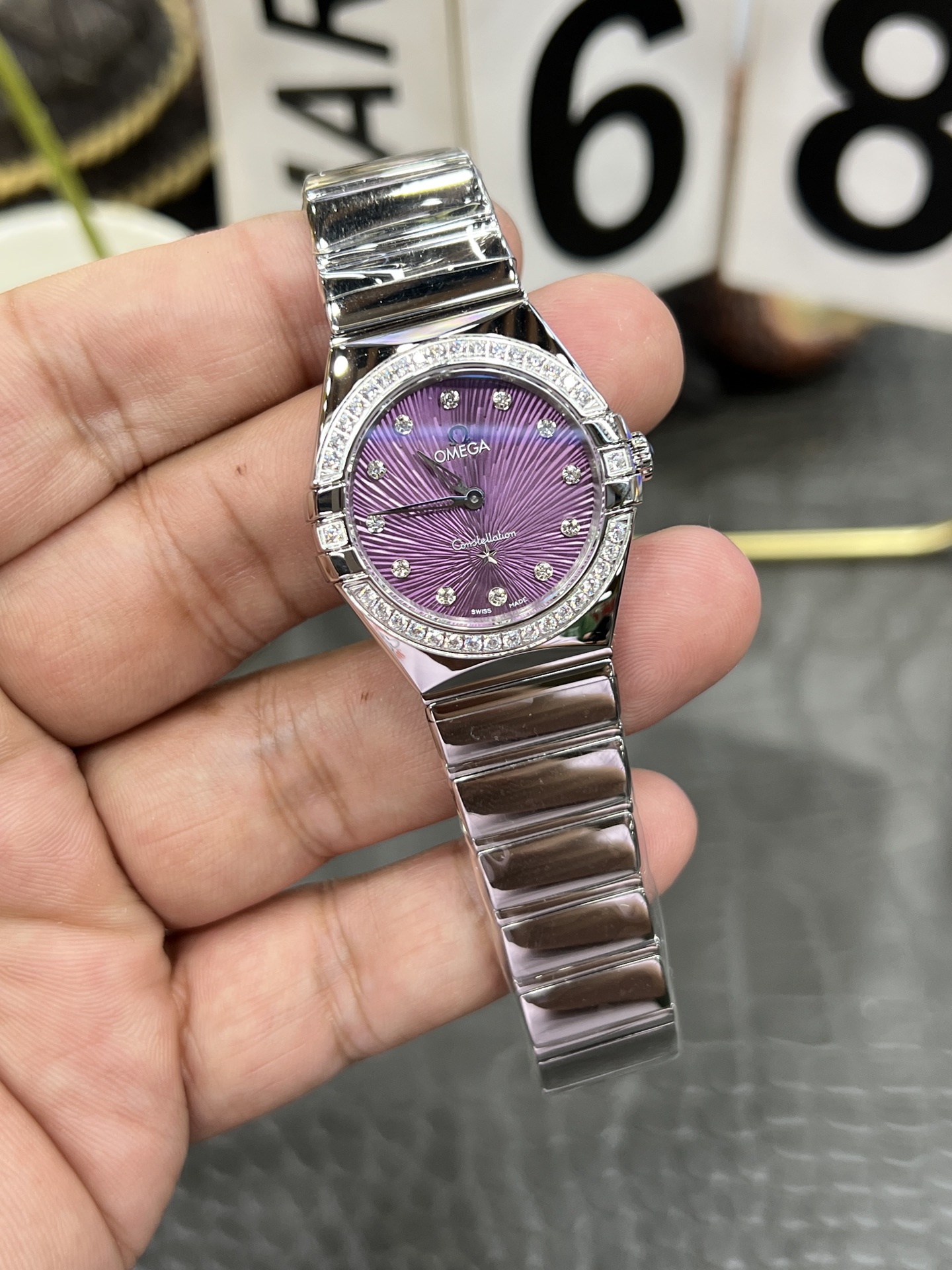 OMEGA オメガ レディース腕時計 セオリー 27mm 紫文字盤 ステンレスブレス ダイヤモンド ブラック - 画像 2