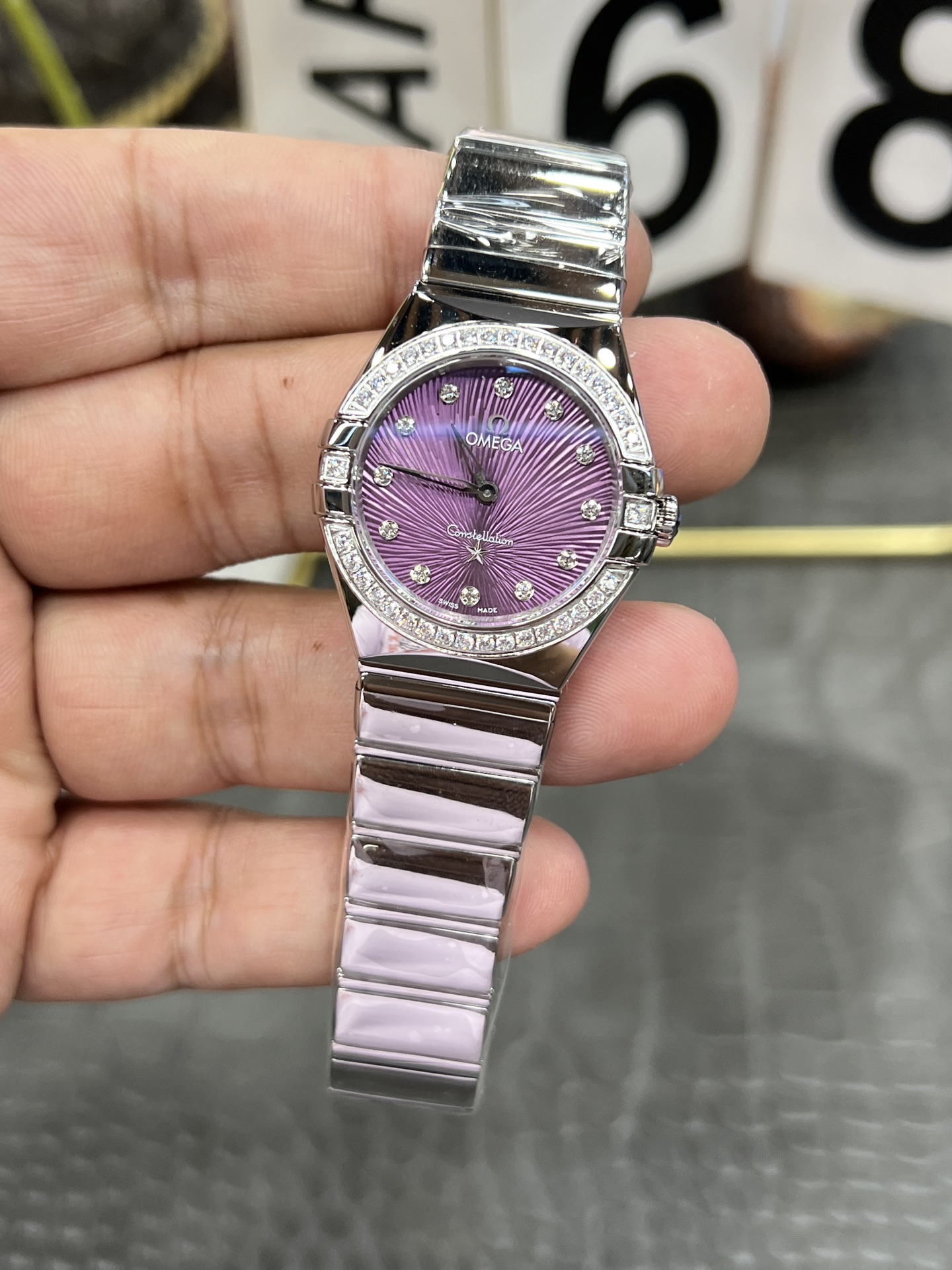 OMEGA オメガ レディース腕時計 セオリー 27mm 紫文字盤 ステンレスブレス ダイヤモンド ブラック - 画像 3