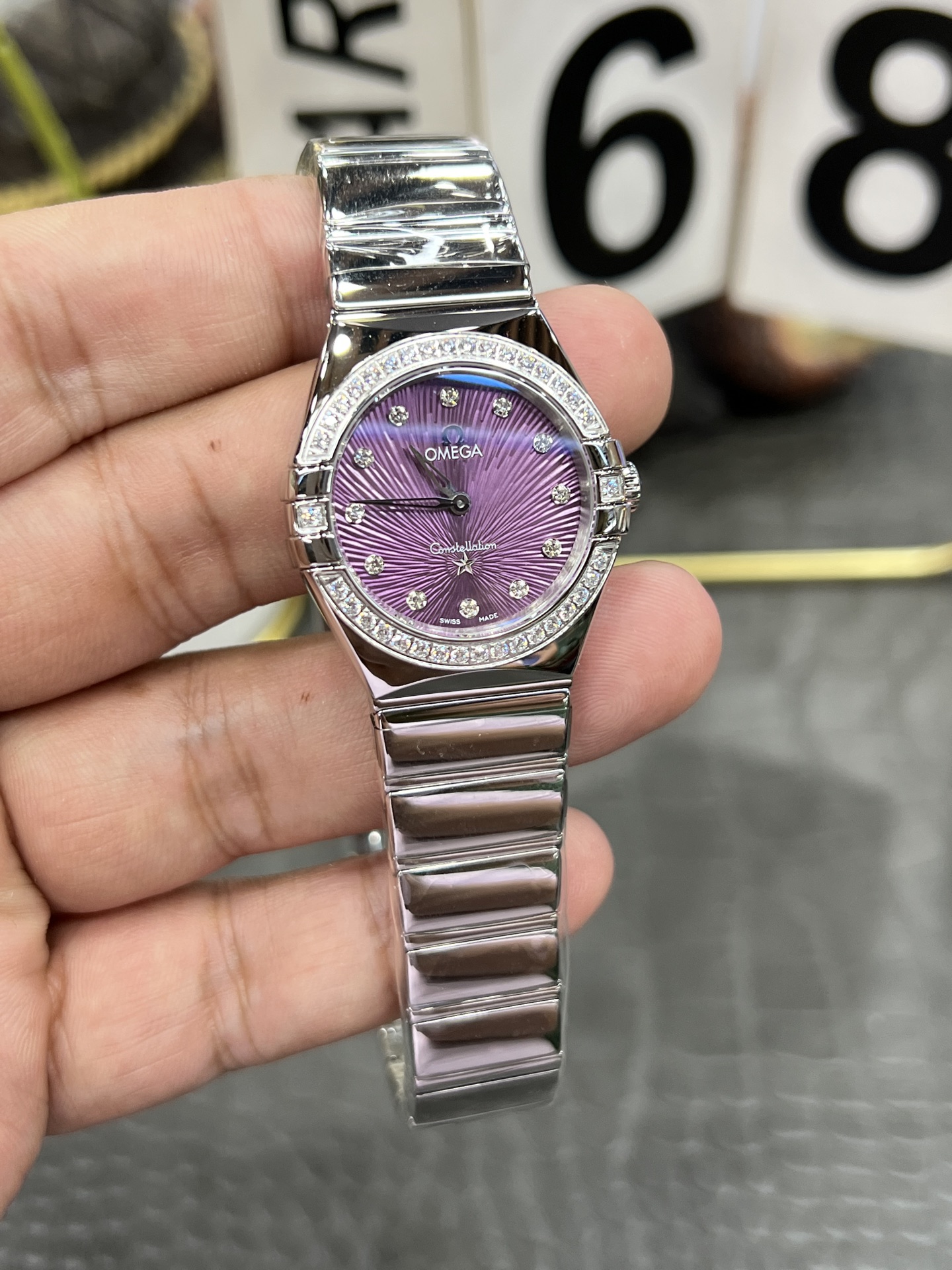 OMEGA オメガ レディース腕時計 セオリー 27mm 紫文字盤 ステンレスブレス ダイヤモンド ブラック - 画像 4