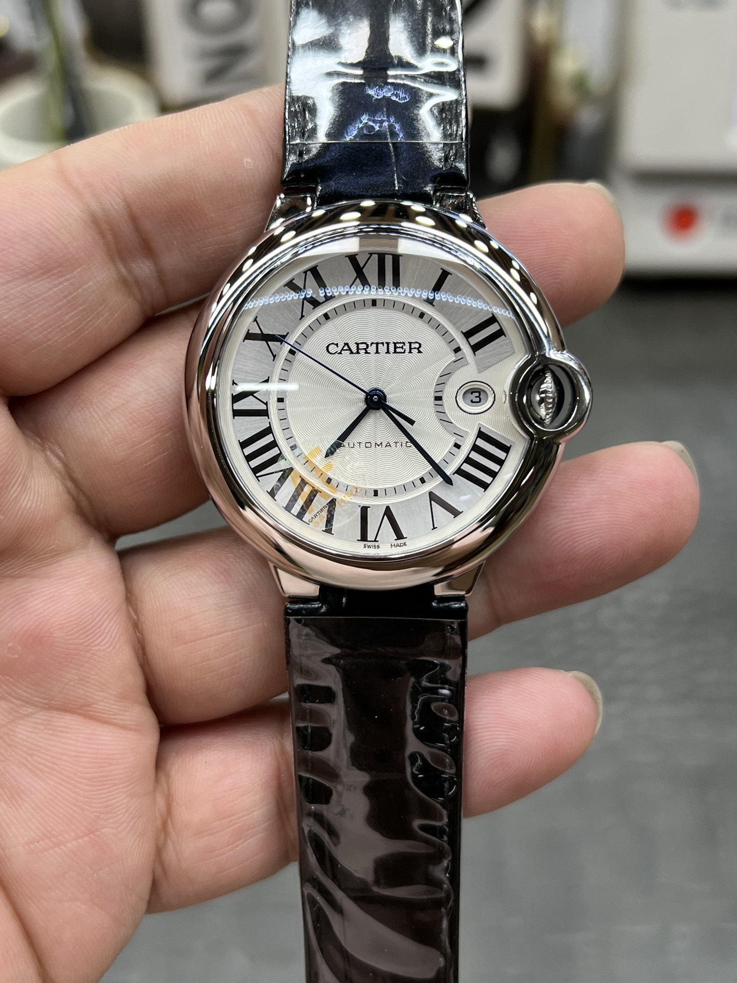 CARTIER カルティエ ブルガリ 腕時計 メンズ 自動巻き ローマ数字 レザーベルト ホワイト ブラック