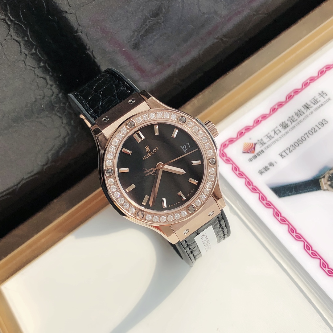 HUBLOT ハブロット 腕時計 レディース ダイヤモンド ブラック カーフレザー ローズゴールド - 画像 1