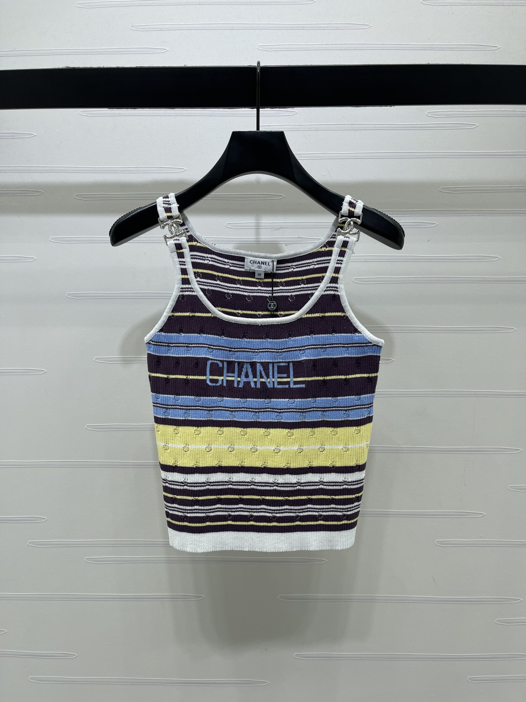 CHANEL シャネル ニット レディース タンクトップ 条纹 ロゴ ブラック ホワイト ブルー イエロー