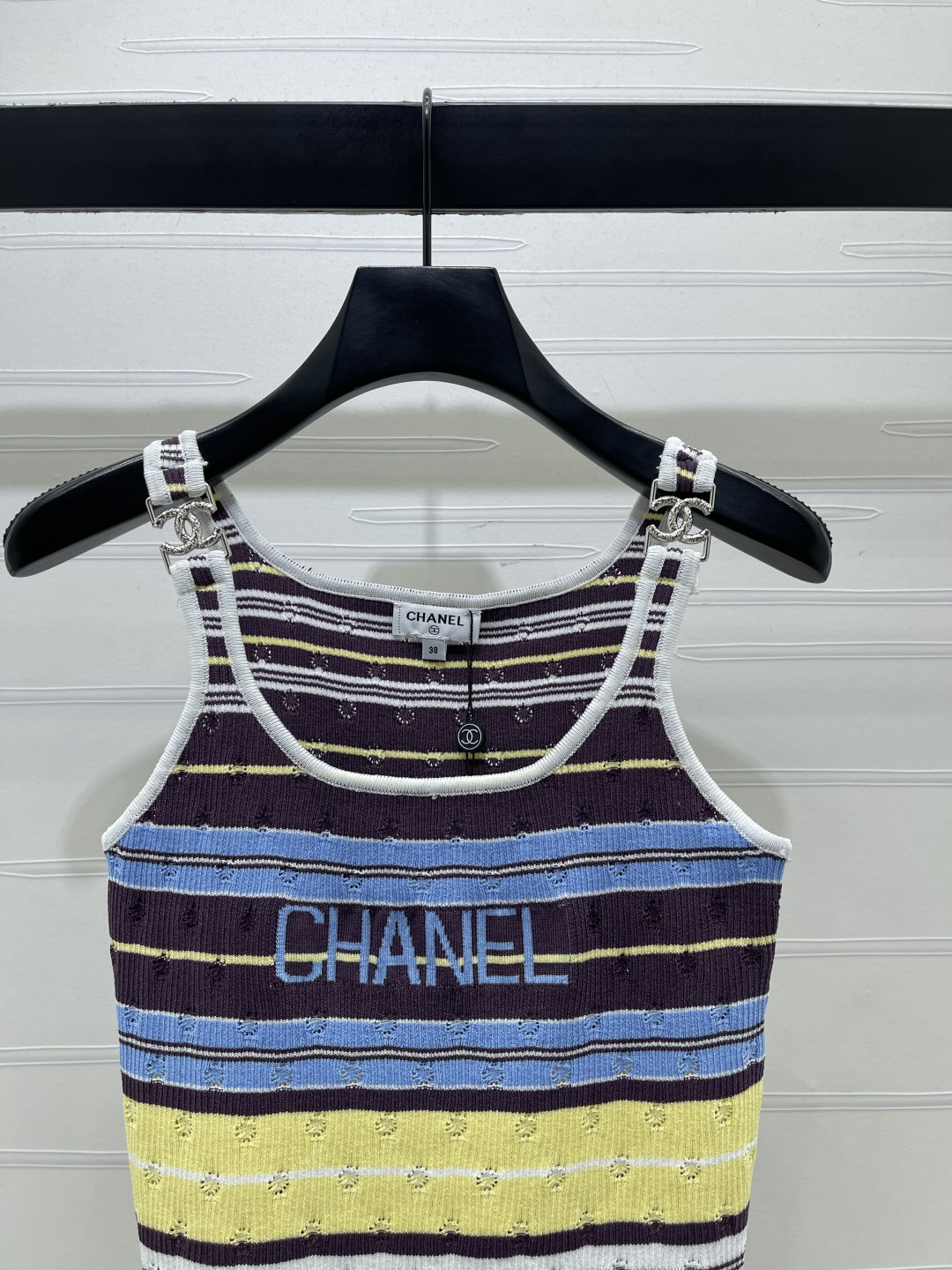 CHANEL シャネル ニット レディース タンクトップ 条纹 ロゴ ブラック ホワイト ブルー イエロー - 画像 3