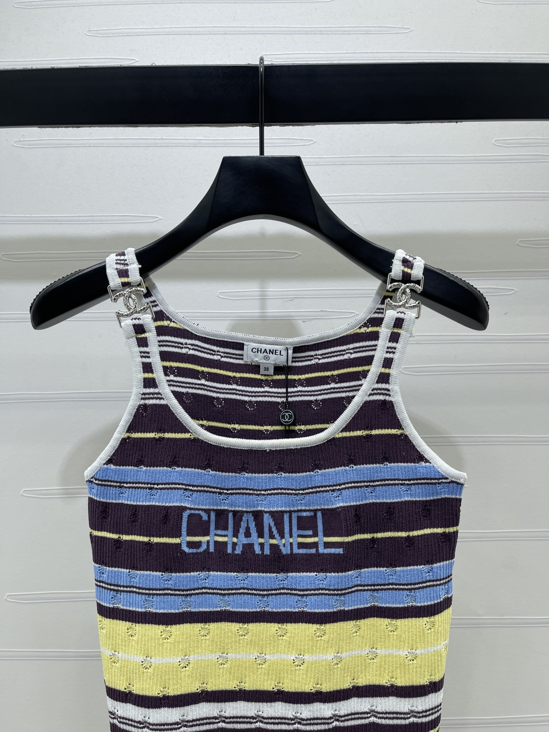 CHANEL シャネル ニット レディース タンクトップ 条纹 ロゴ ブラック ホワイト ブルー イエロー - 画像 5