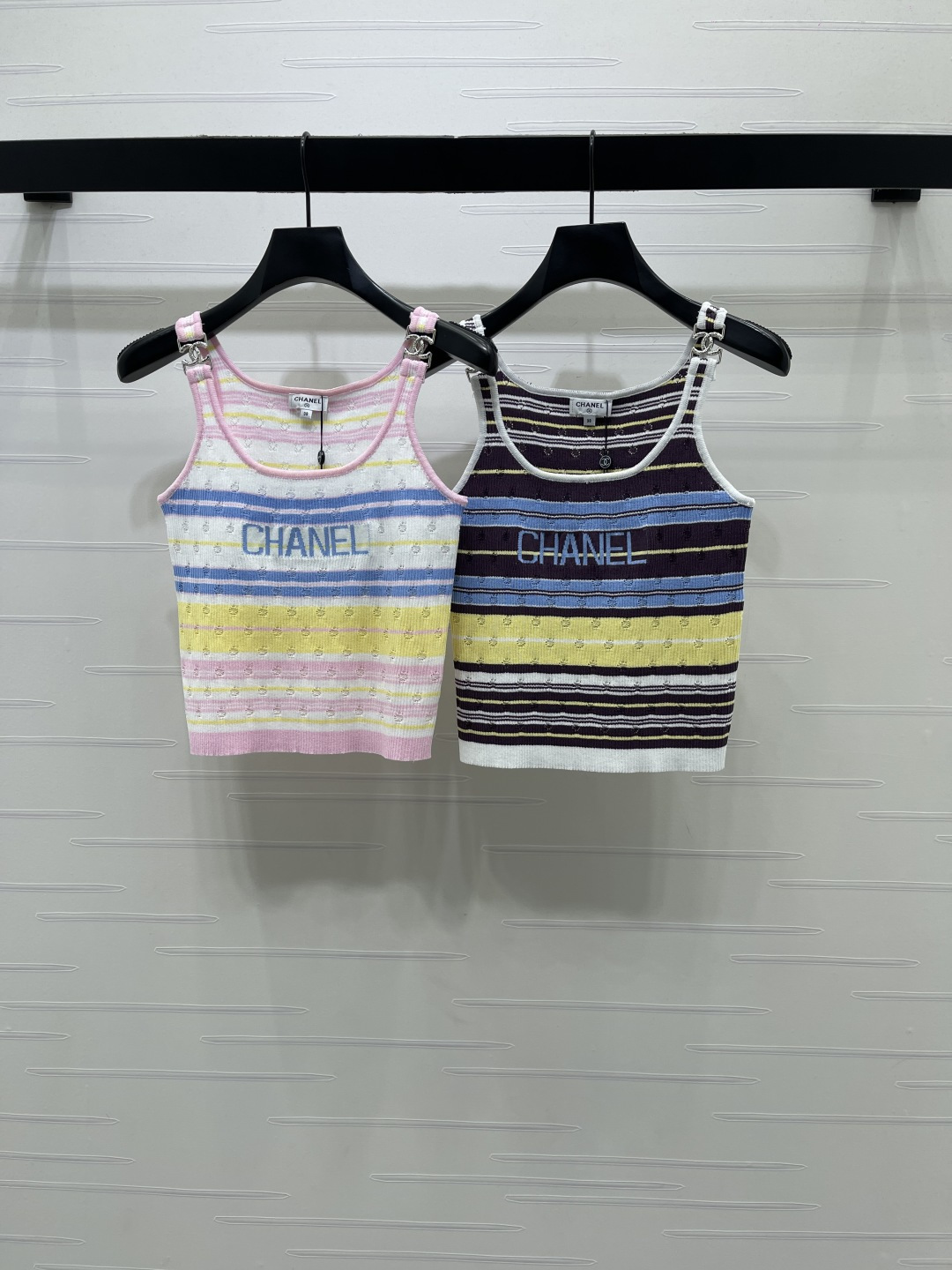 CHANEL シャネル ニット タンクトップ レディース 通気性 ファッション カラーブロック ホワイト ピンク ブラック - 画像 1