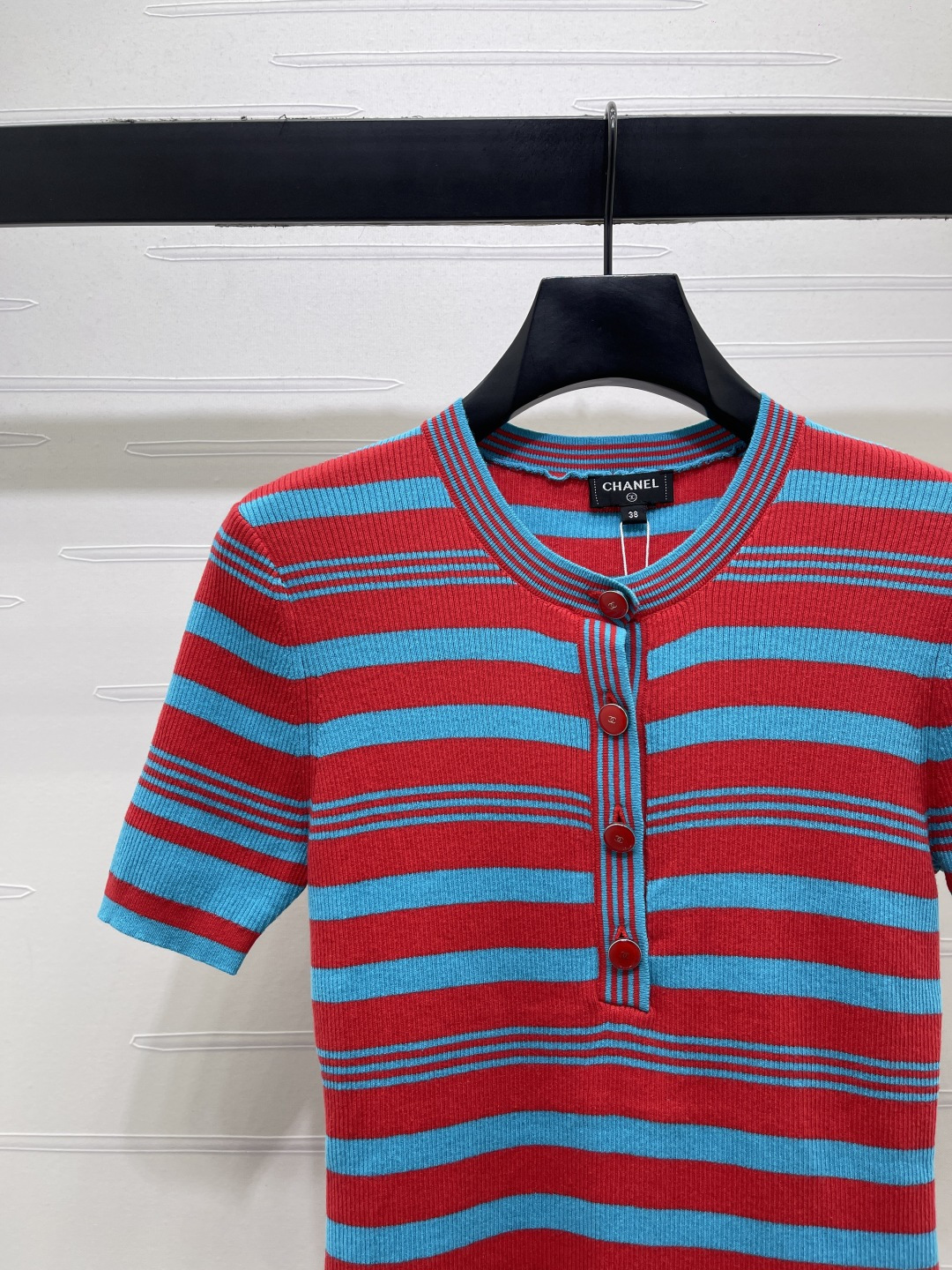CHANEL シャネル ニット Tシャツ レディース 半開襟 ロング丈 撞色ストライプ レッドブルー - 画像 4