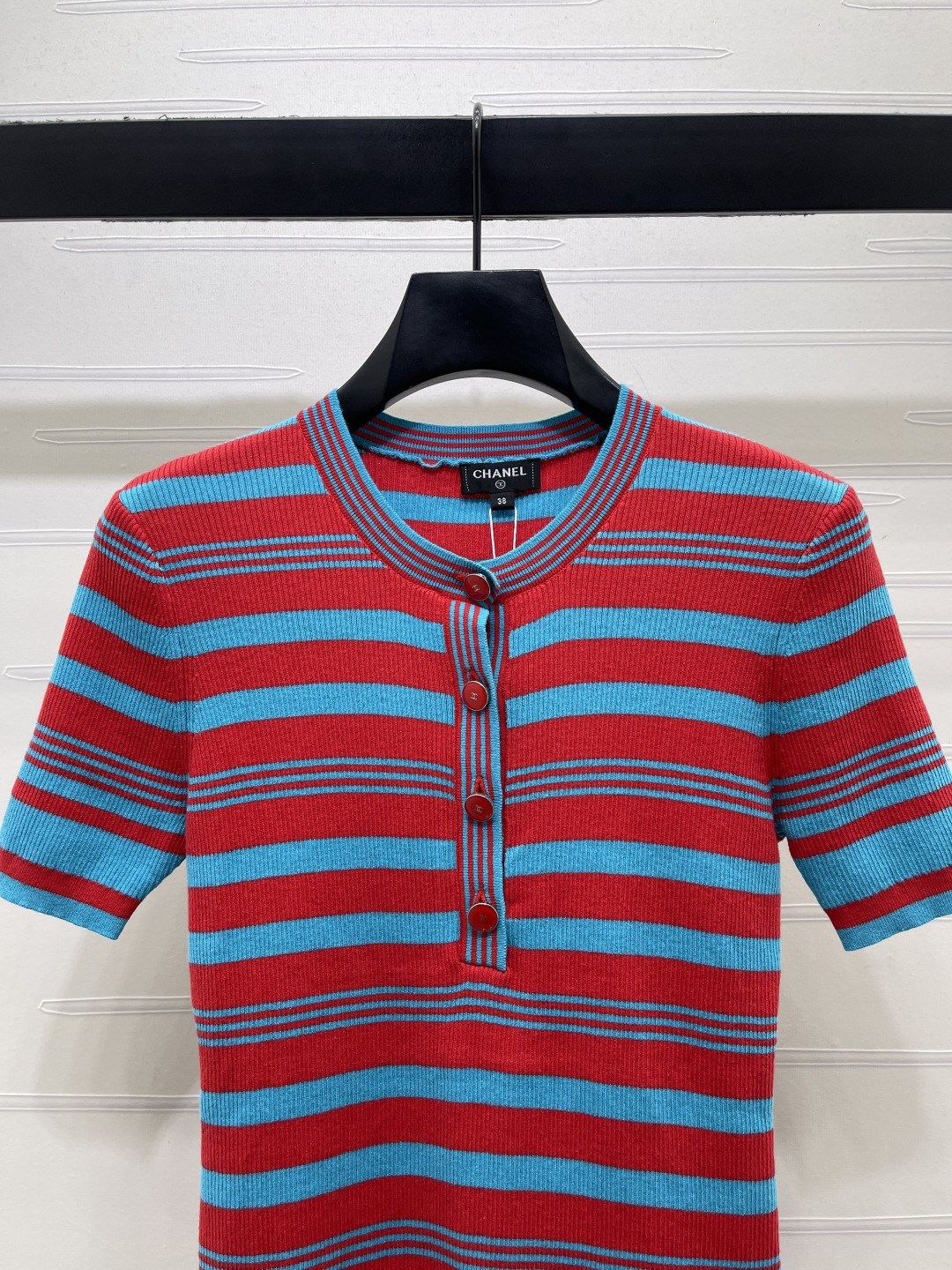 CHANEL シャネル ニット Tシャツ レディース 半開襟 ロング丈 撞色ストライプ レッドブルー - 画像 5