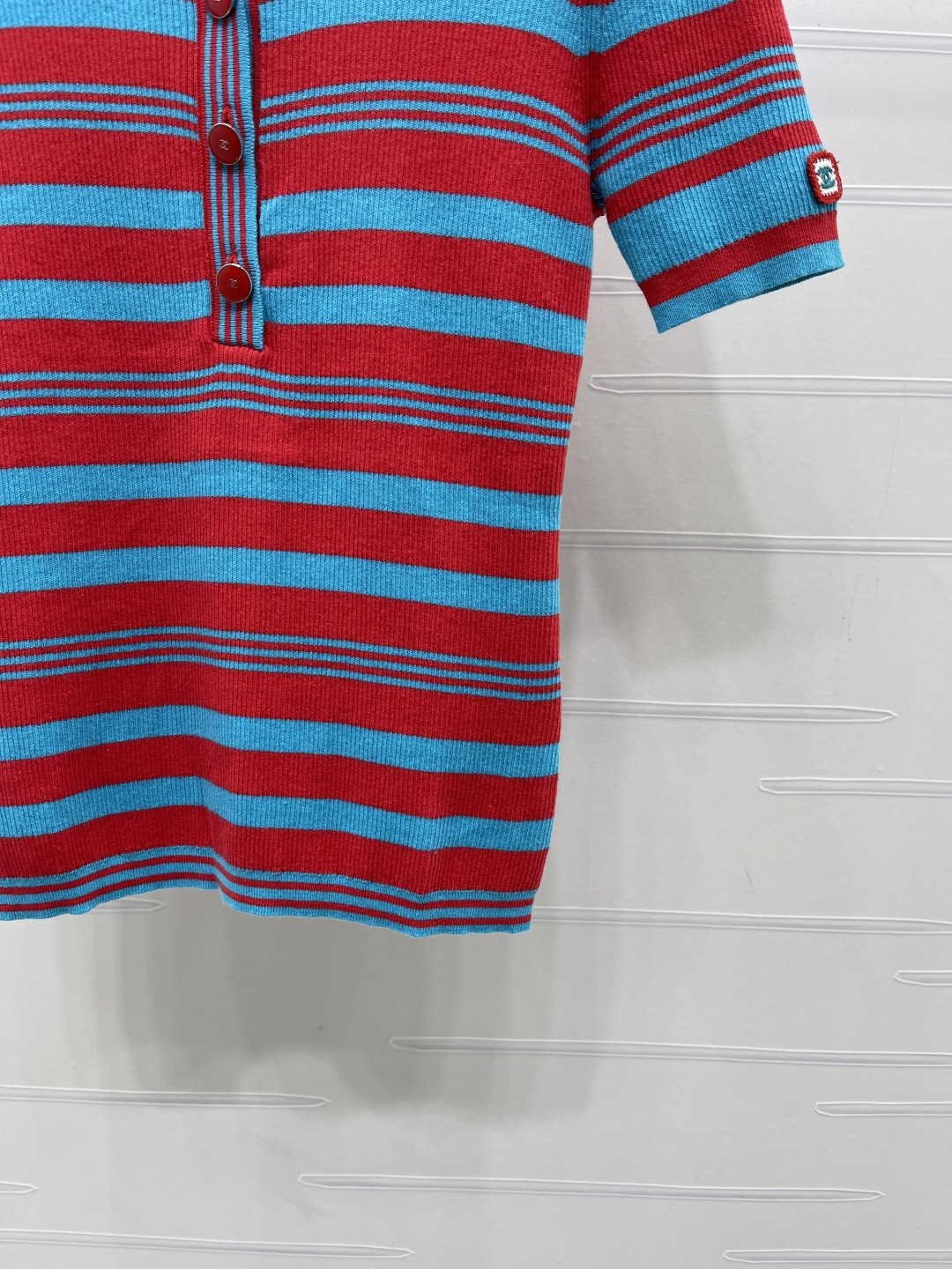 CHANEL シャネル ニット Tシャツ レディース 半開襟 ロング丈 撞色ストライプ レッドブルー - 画像 7