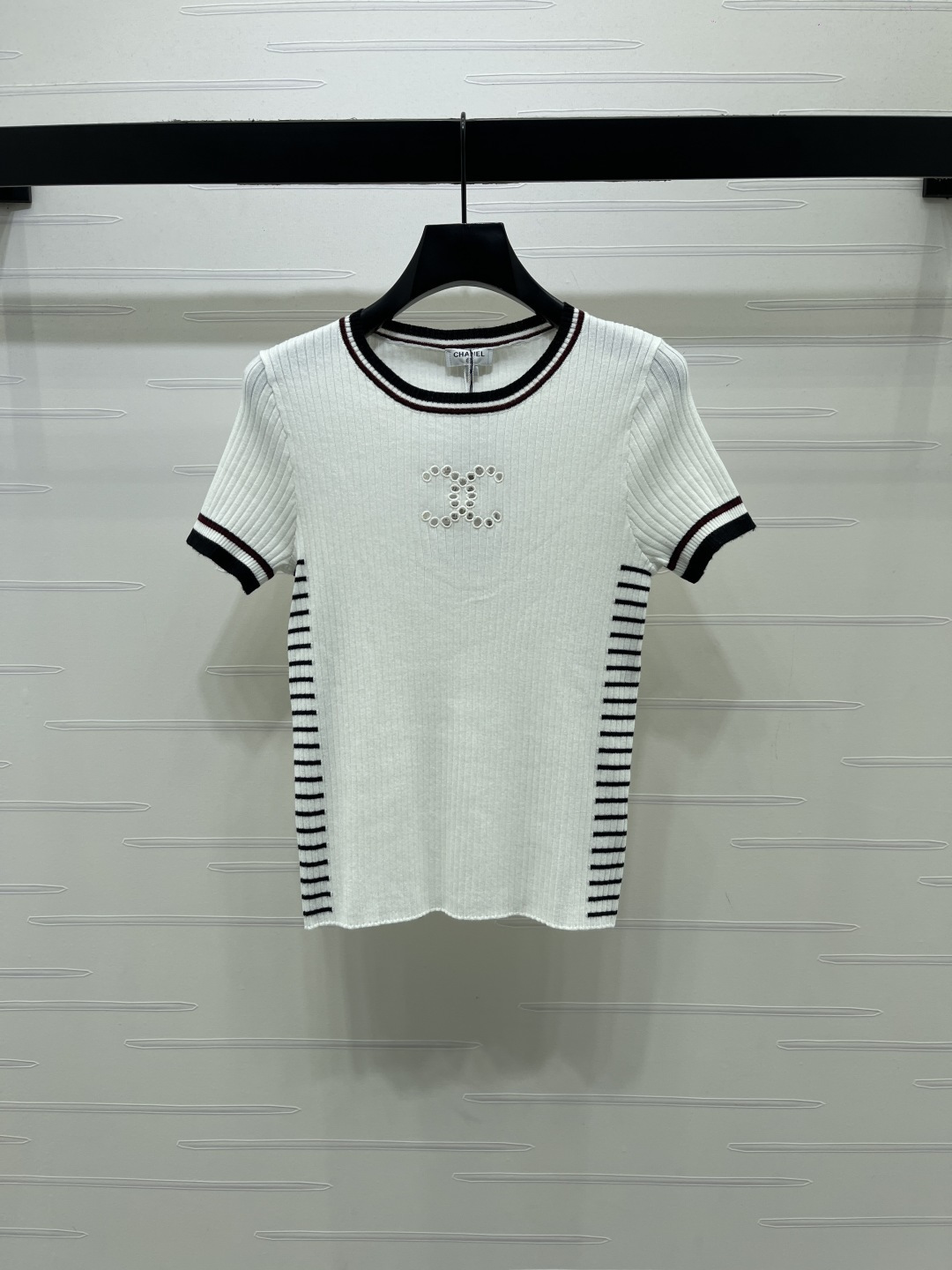 CHANEL シャネル ニット Tシャツ レディース ロゴ刺繍 縦リブ 白