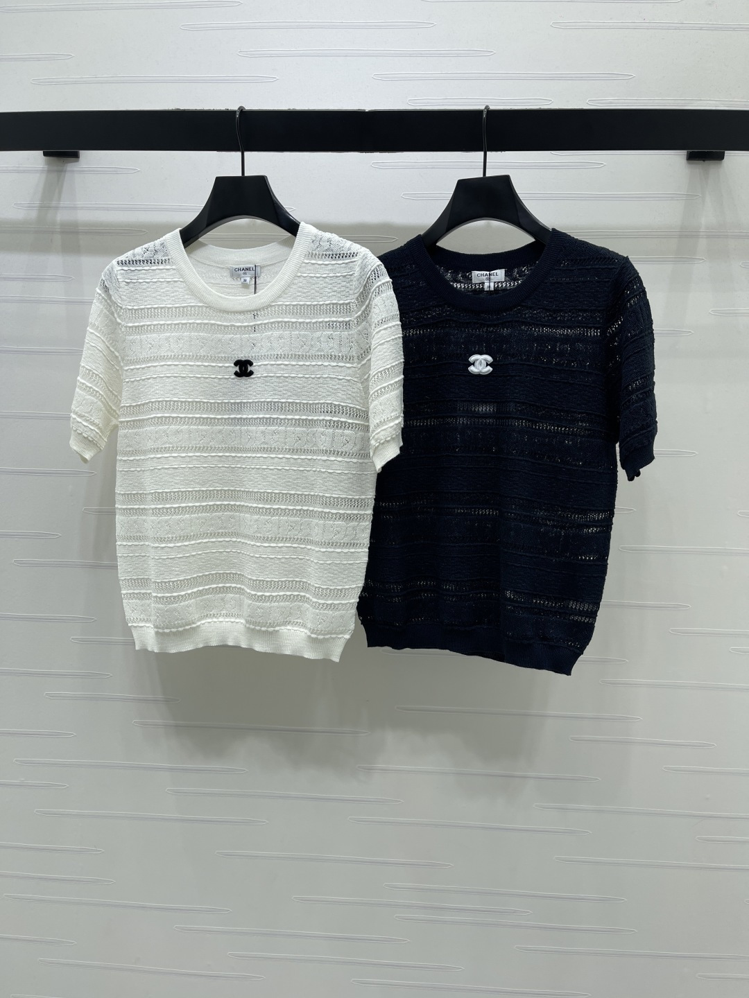 CHANEL シャネル ニット Tシャツ レディース 円形ネック ロング丈 薄手 レース風 ホワイト ブラック