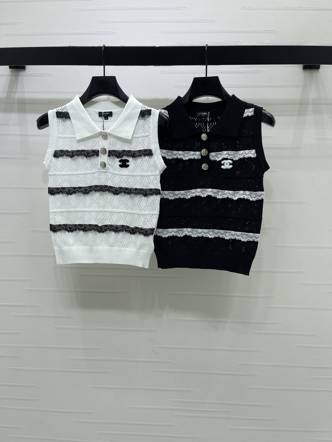 CHANEL シャネル ニット レディース ポロネック レースライン ホワイト/ブラック 全2色