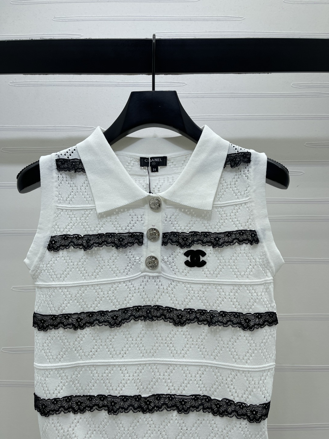 CHANEL シャネル ニット レディース ポロネック レースライン ホワイト/ブラック 全2色 - 画像 3
