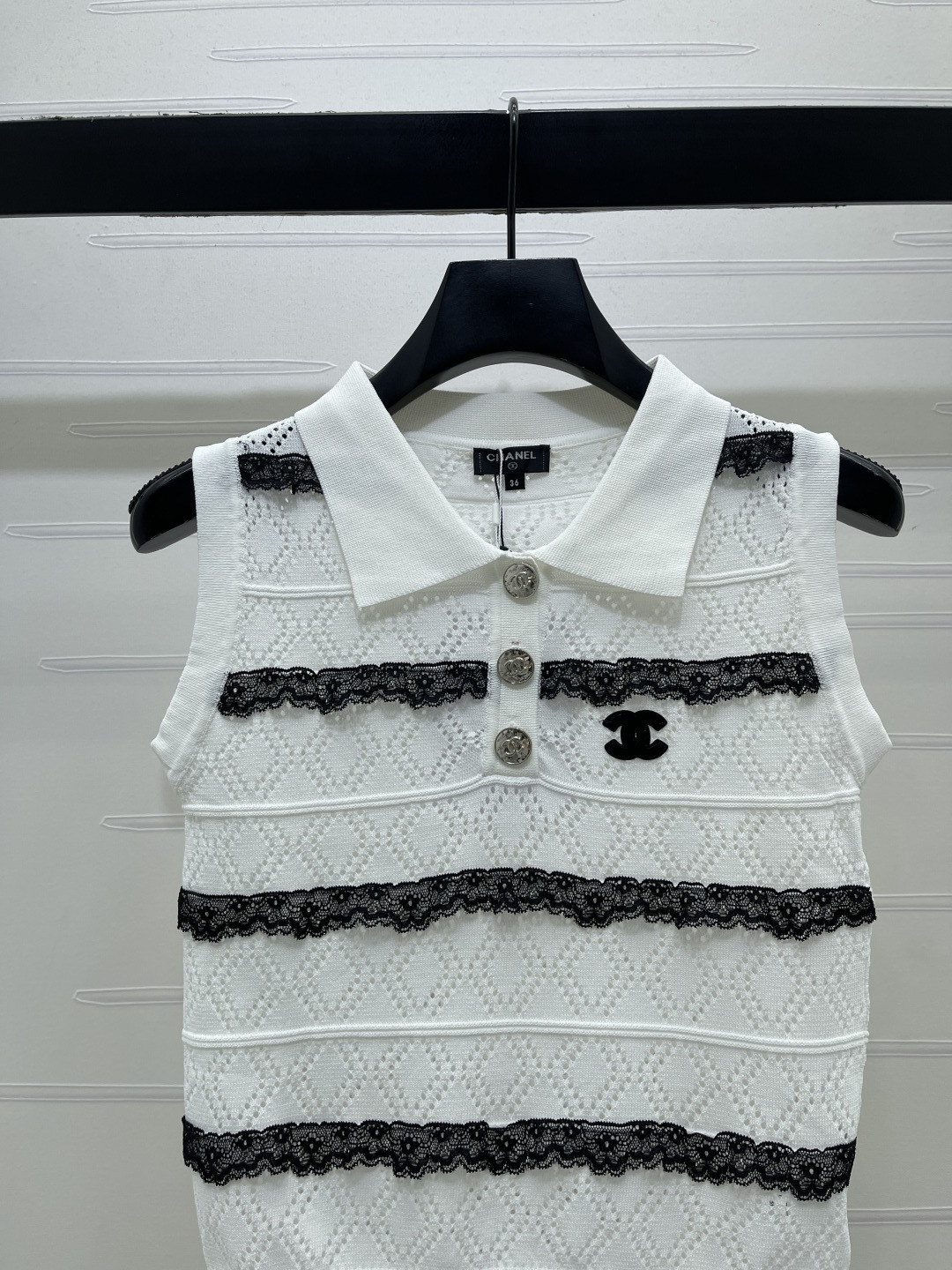 CHANEL シャネル ニット レディース ポロネック レースライン ホワイト/ブラック 全2色 - 画像 4