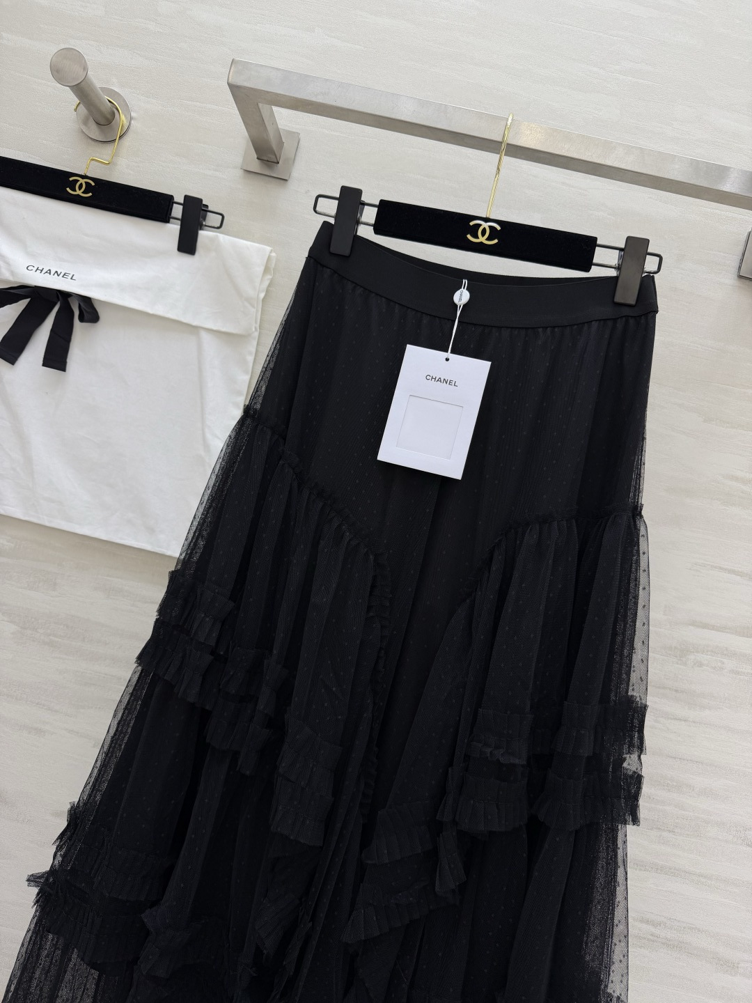CHANE♡²⁶ チャネ ウェーブプリント タフタスカート レディース ポイント柄 レース レイヤード ブラック - 画像 3