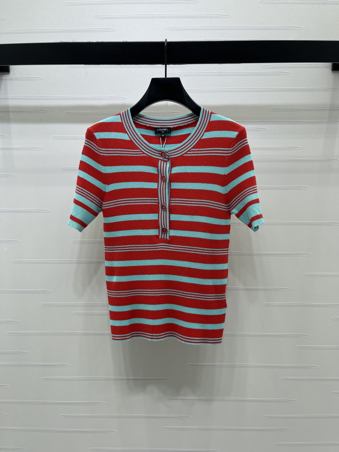 CHANEL シャネル ニット Tシャツ レディース 半開襟 リブ ストライプ レッド ブルー