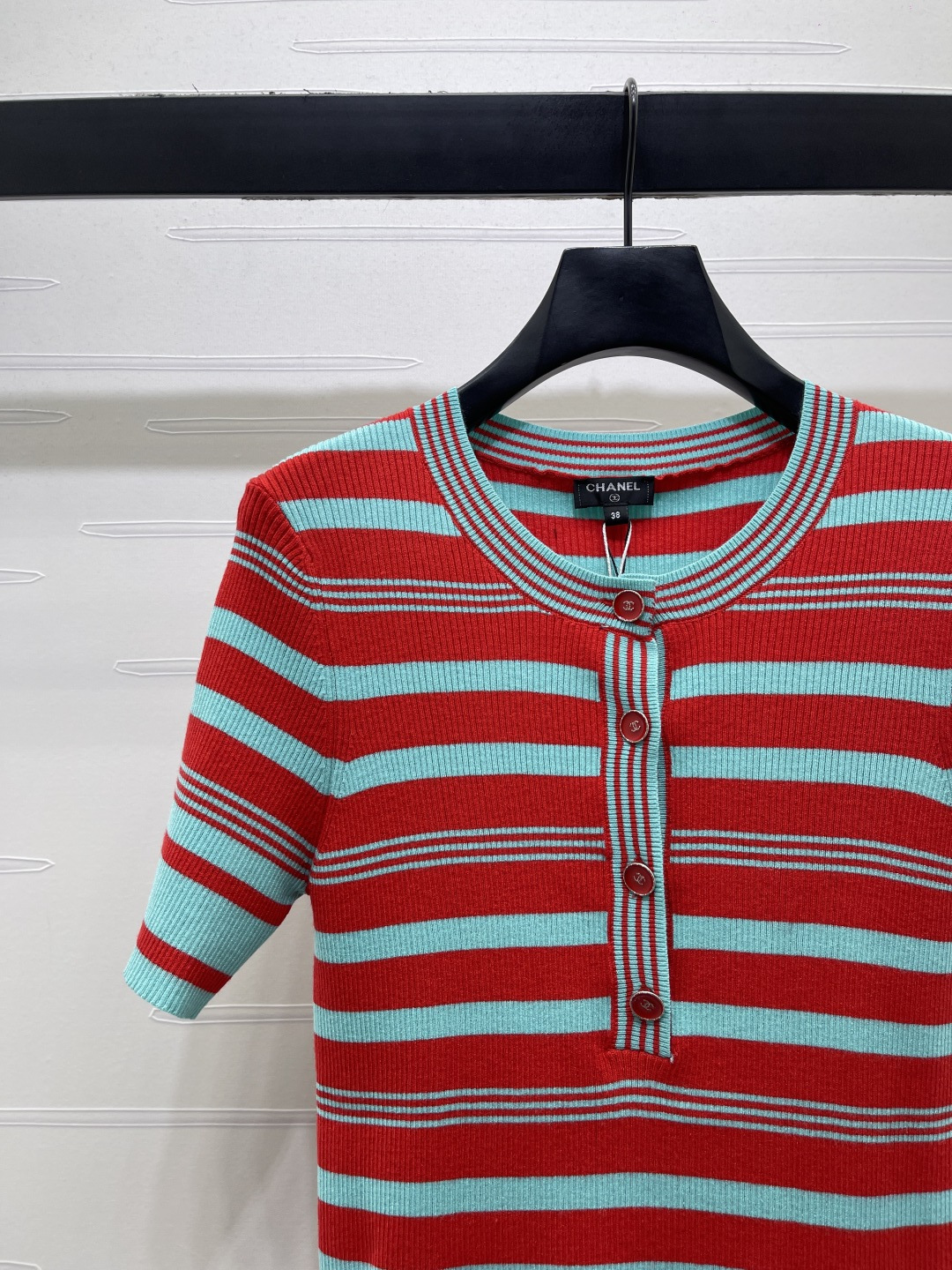 CHANEL シャネル ニット Tシャツ レディース 半開襟 リブ ストライプ レッド ブルー - 画像 3