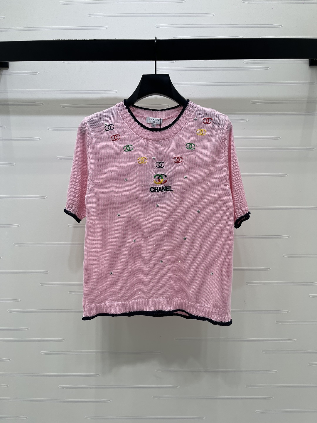 CHANEL シャネル ニット Tシャツ レディース 丸首 短袖 熱押し デザイン トーン レース ピンク