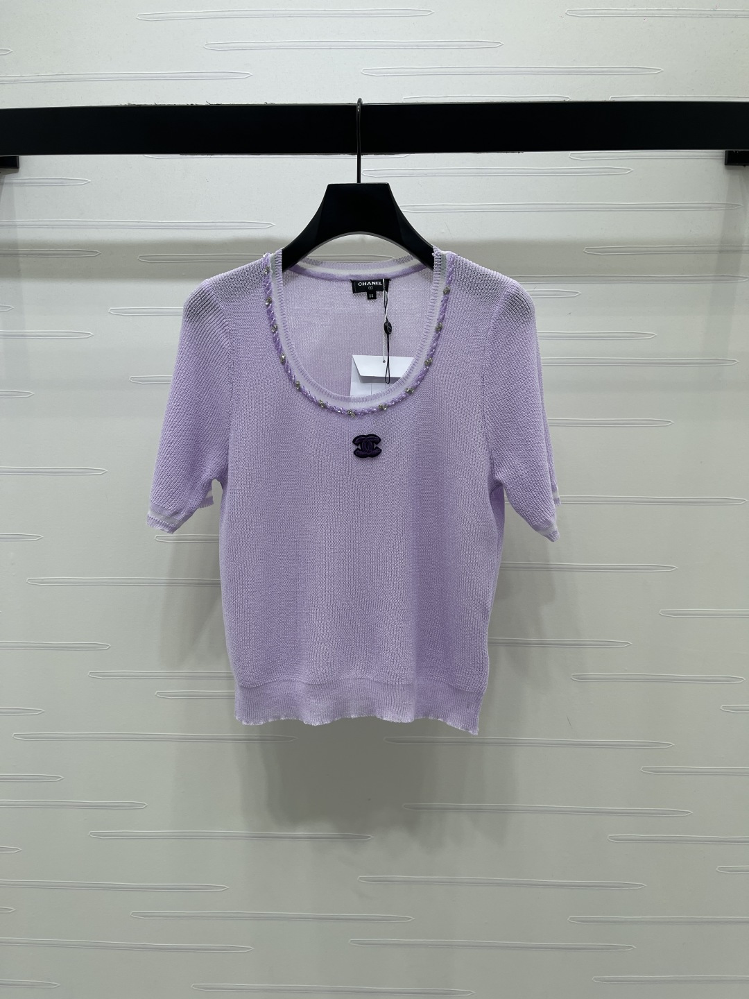 CHANEL シャネル ニット Tシャツ レディース Uネック 水玉刺繍 シルク混 紫