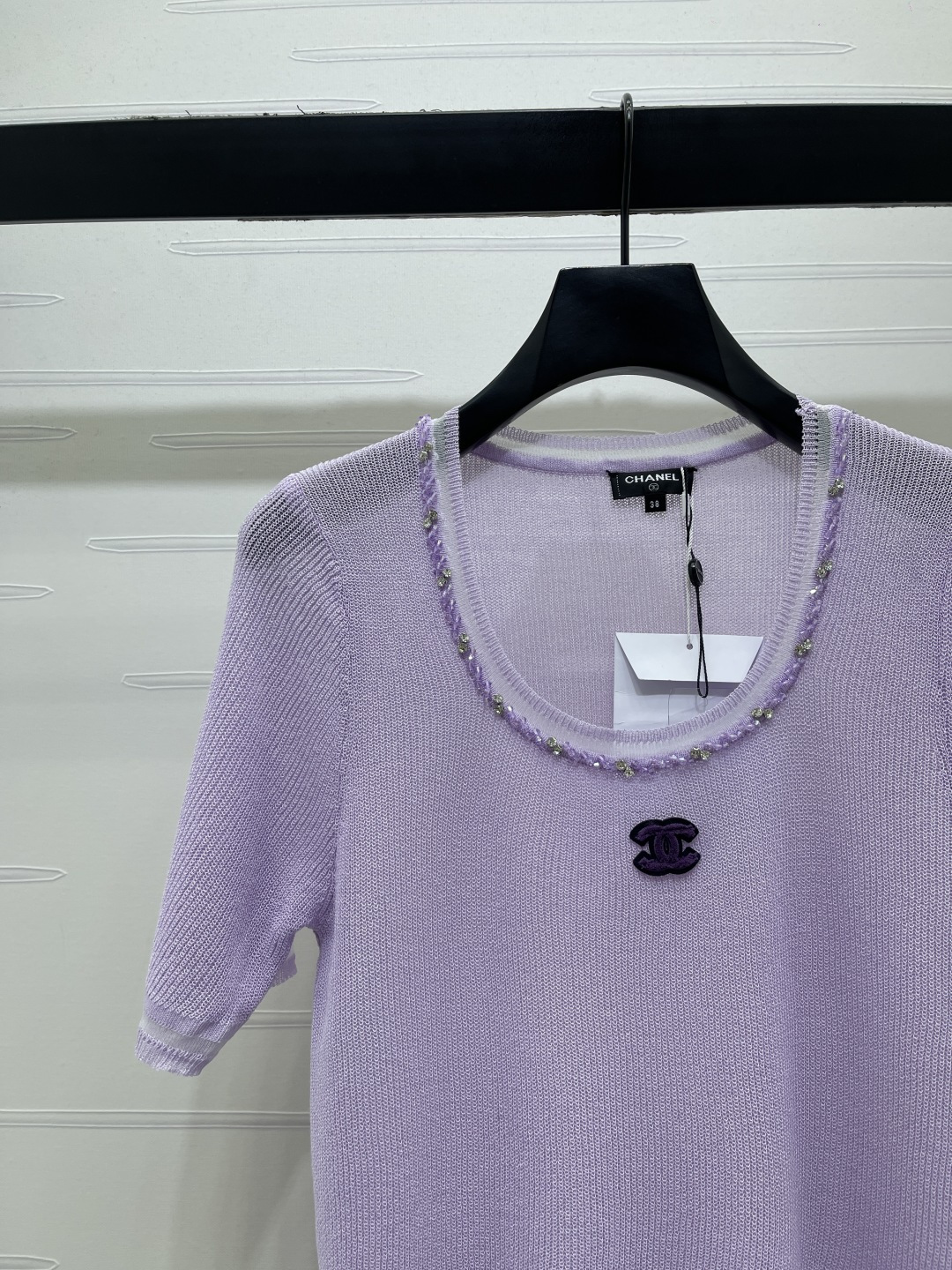 CHANEL シャネル ニット Tシャツ レディース Uネック 水玉刺繍 シルク混 紫 - 画像 3