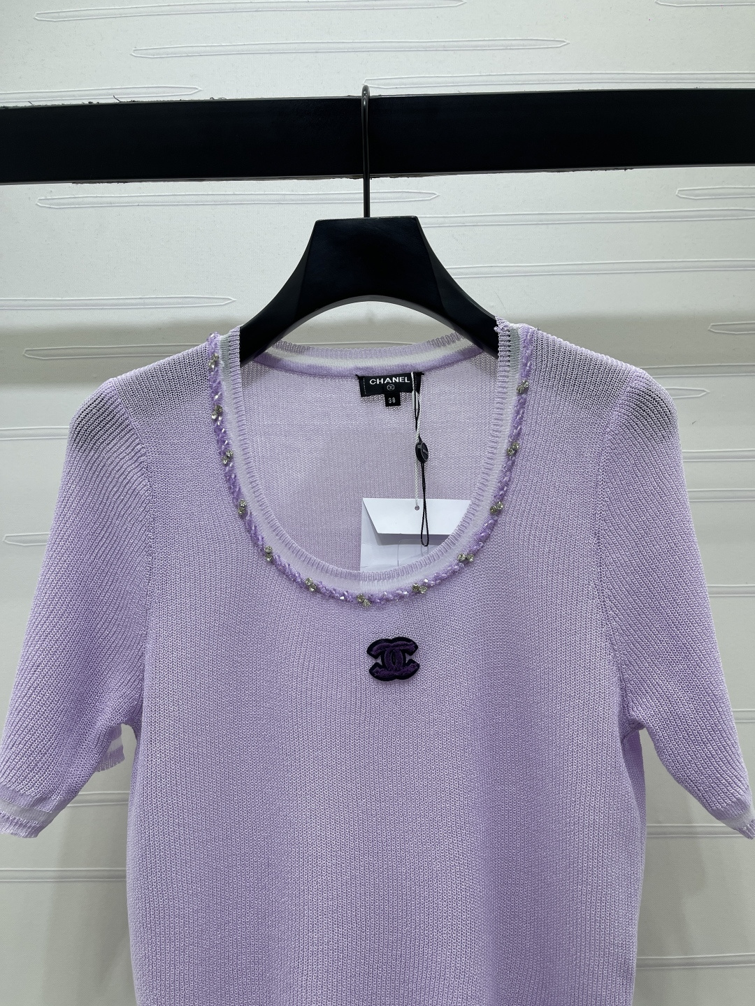 CHANEL シャネル ニット Tシャツ レディース Uネック 水玉刺繍 シルク混 紫 - 画像 4