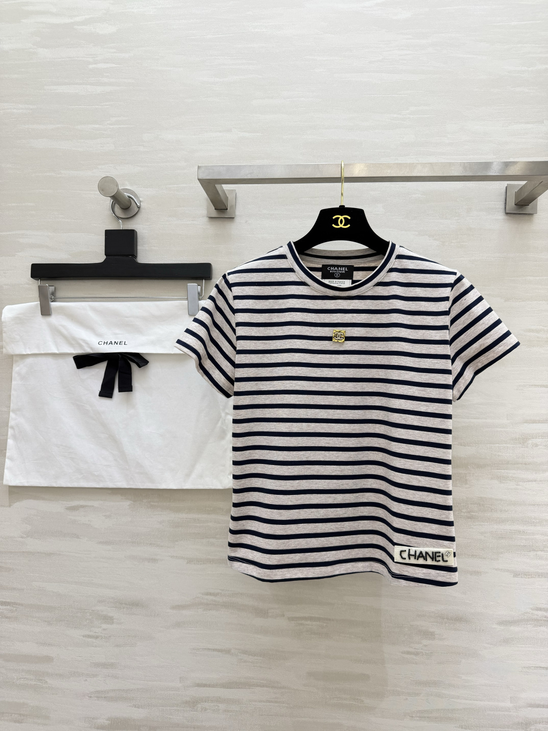 CHANEL シャネル レディース 半袖Tシャツ メンズ 通勤着用 36/38/40 グレー×ネイビー