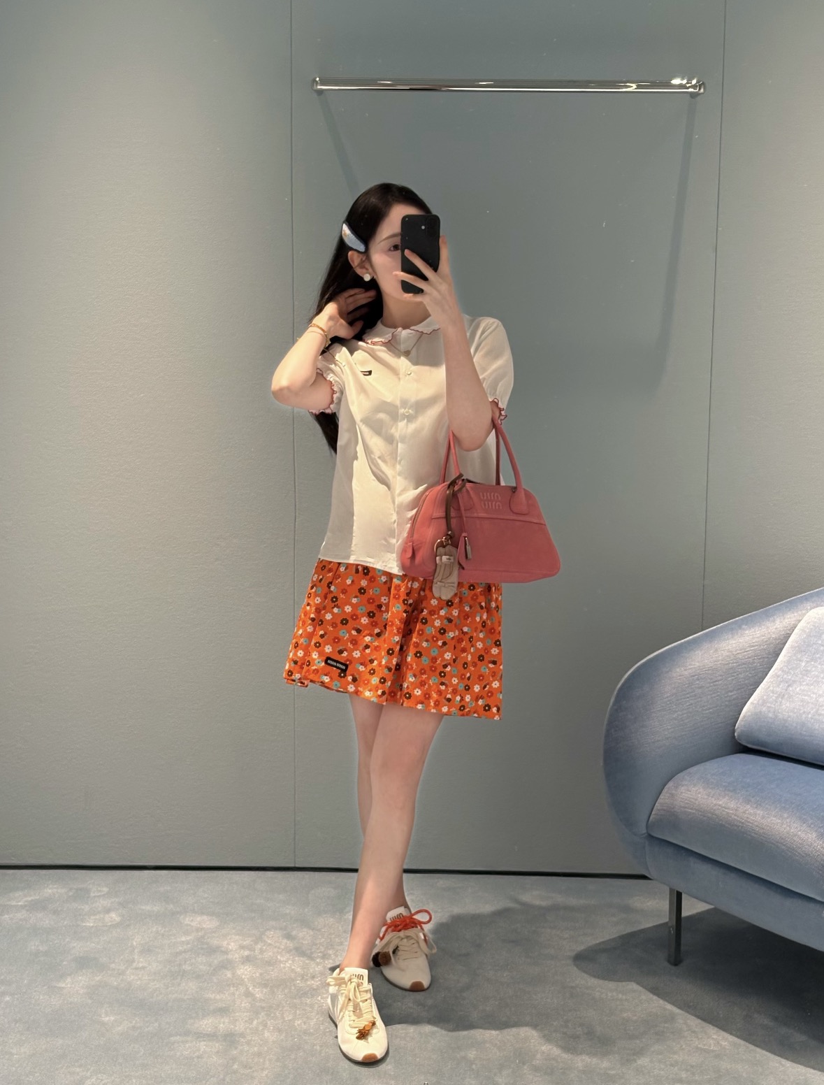 Miu Miu ミュウミュウ スカート 女性 春夏 デザイン トレンド フラワー柄 オレンジ - 画像 2