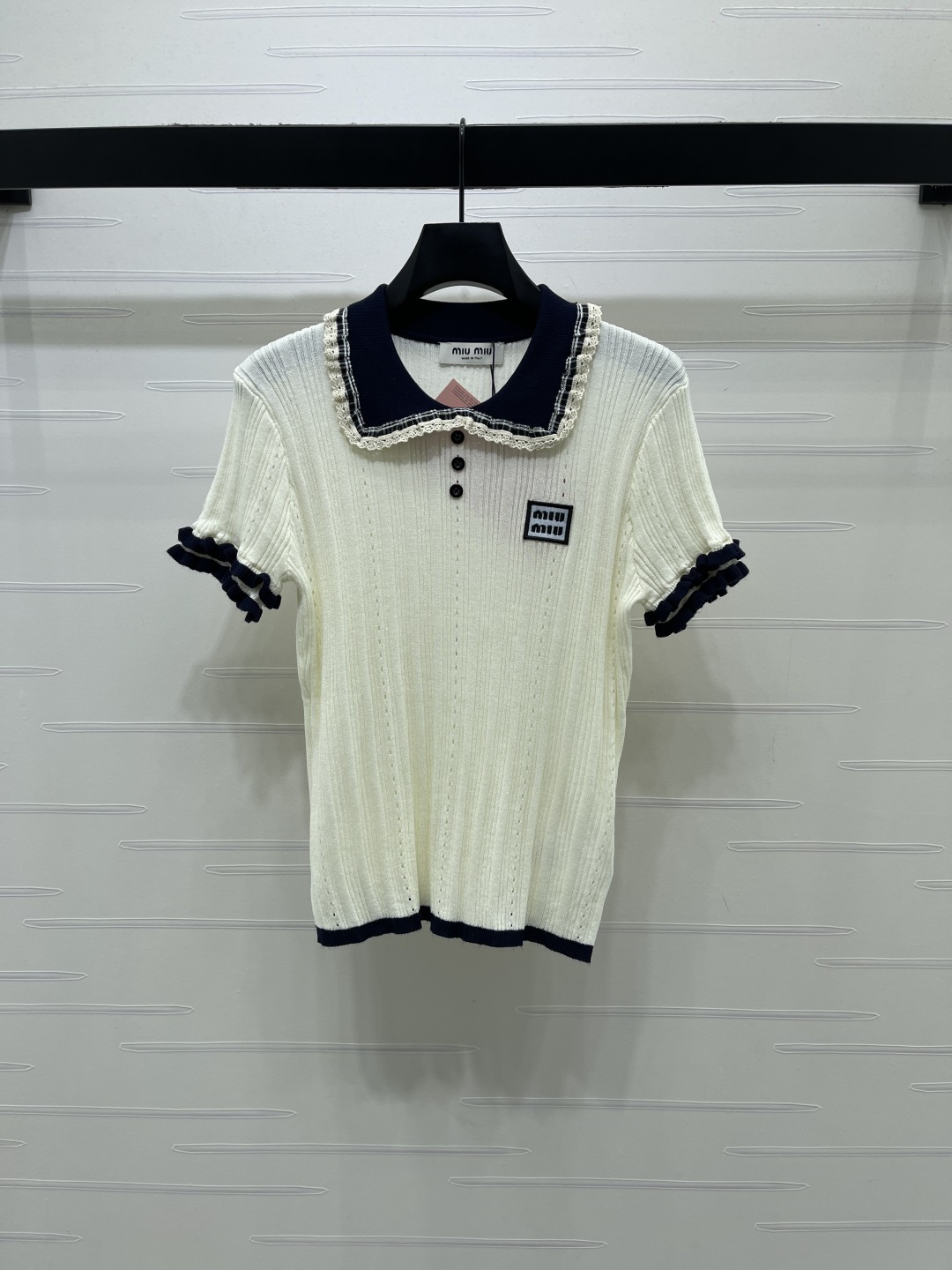 MIU MIU ミウミウ ニット Tシャツ レディース ポロカラ フリル袖 チェック柄 2色展開 - 画像 2