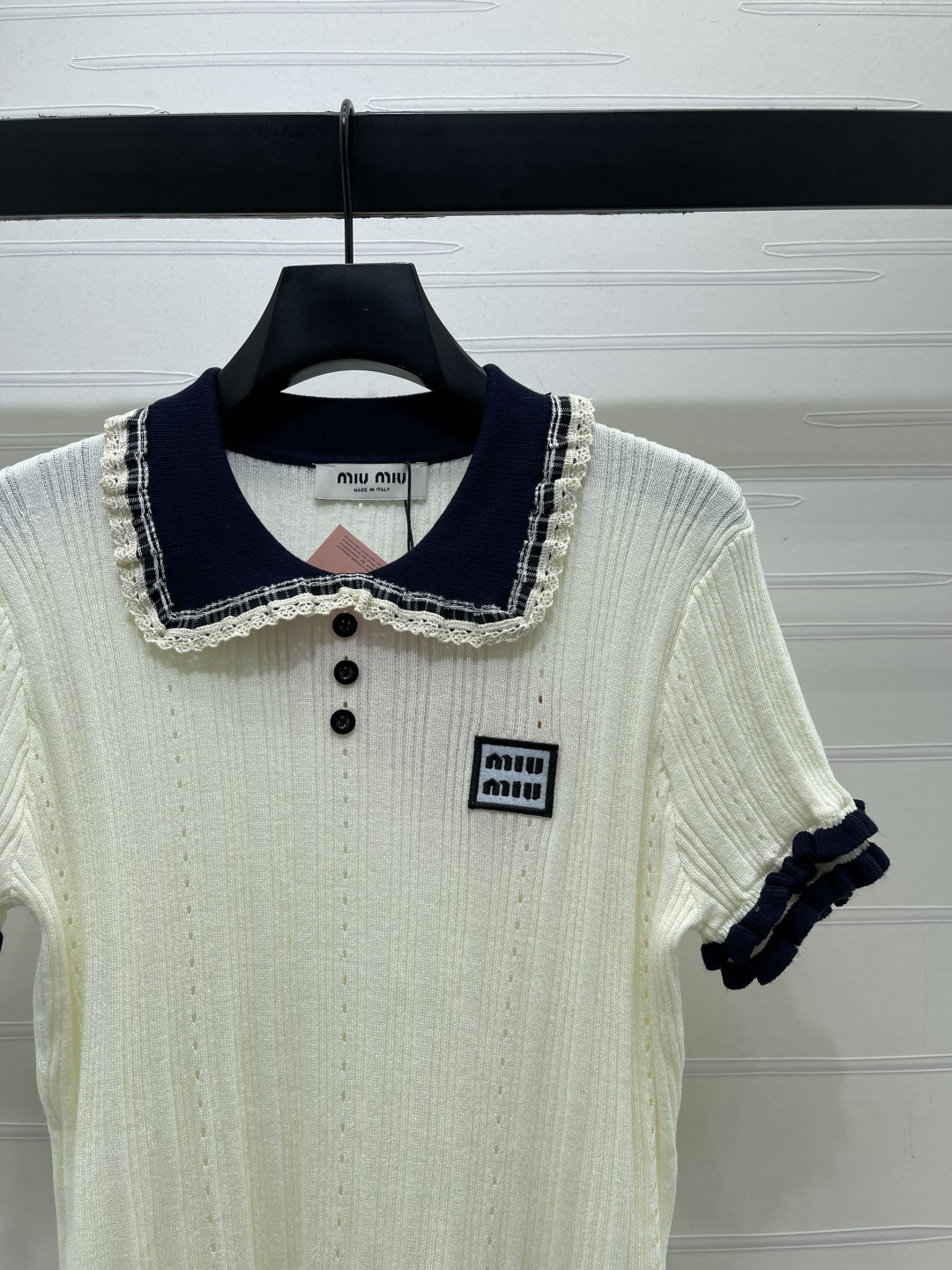 MIU MIU ミウミウ ニット Tシャツ レディース ポロカラ フリル袖 チェック柄 2色展開 - 画像 3