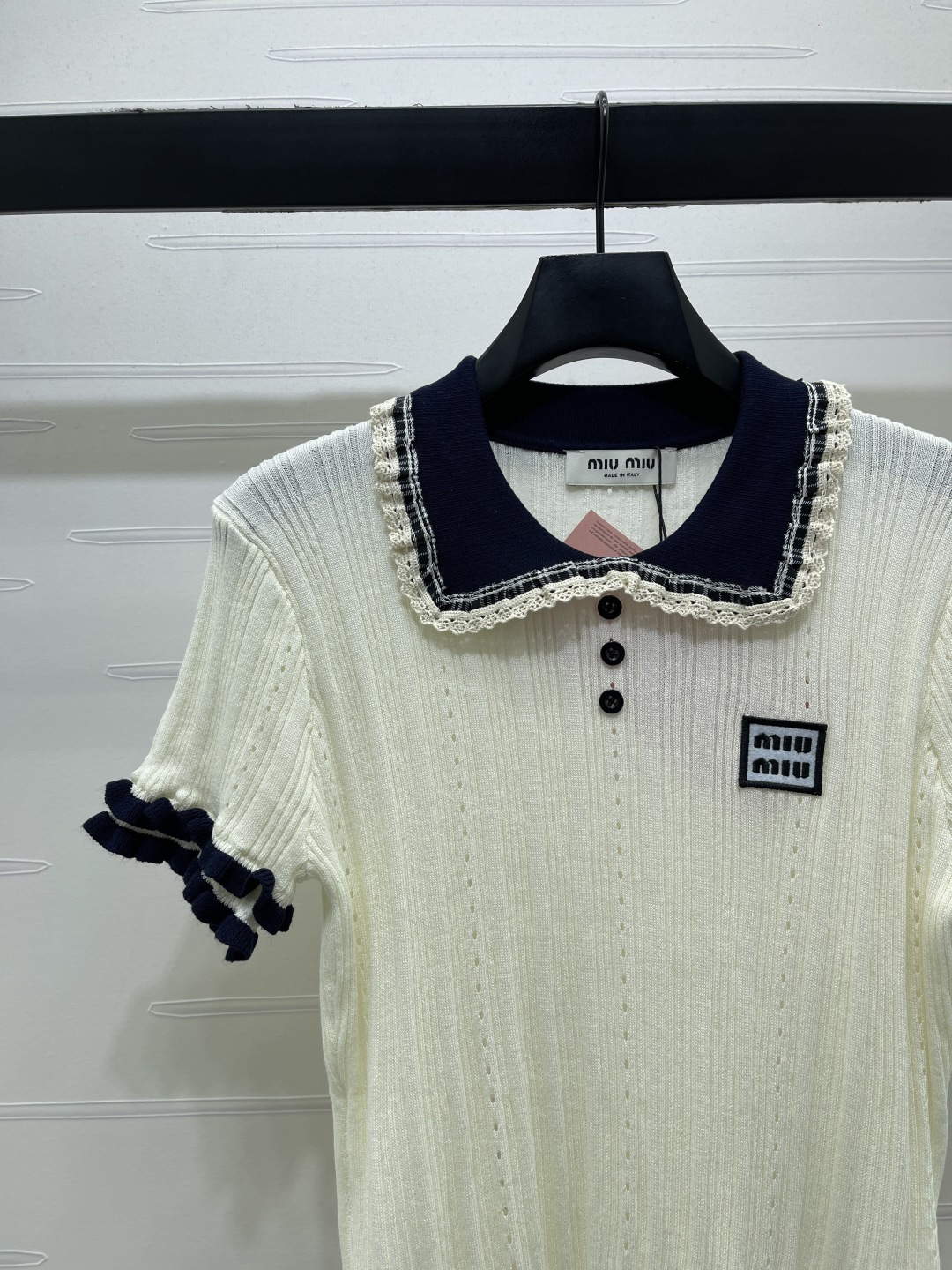 MIU MIU ミウミウ ニット Tシャツ レディース ポロカラ フリル袖 チェック柄 2色展開 - 画像 4