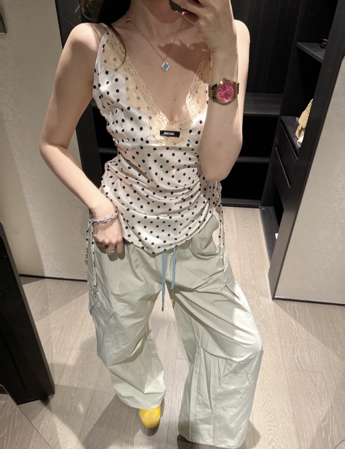 MIU MIU ミウ ポリエステル レースアップ ブラウス レディース ポイント柄 レース襟 ドレープ インナー 白