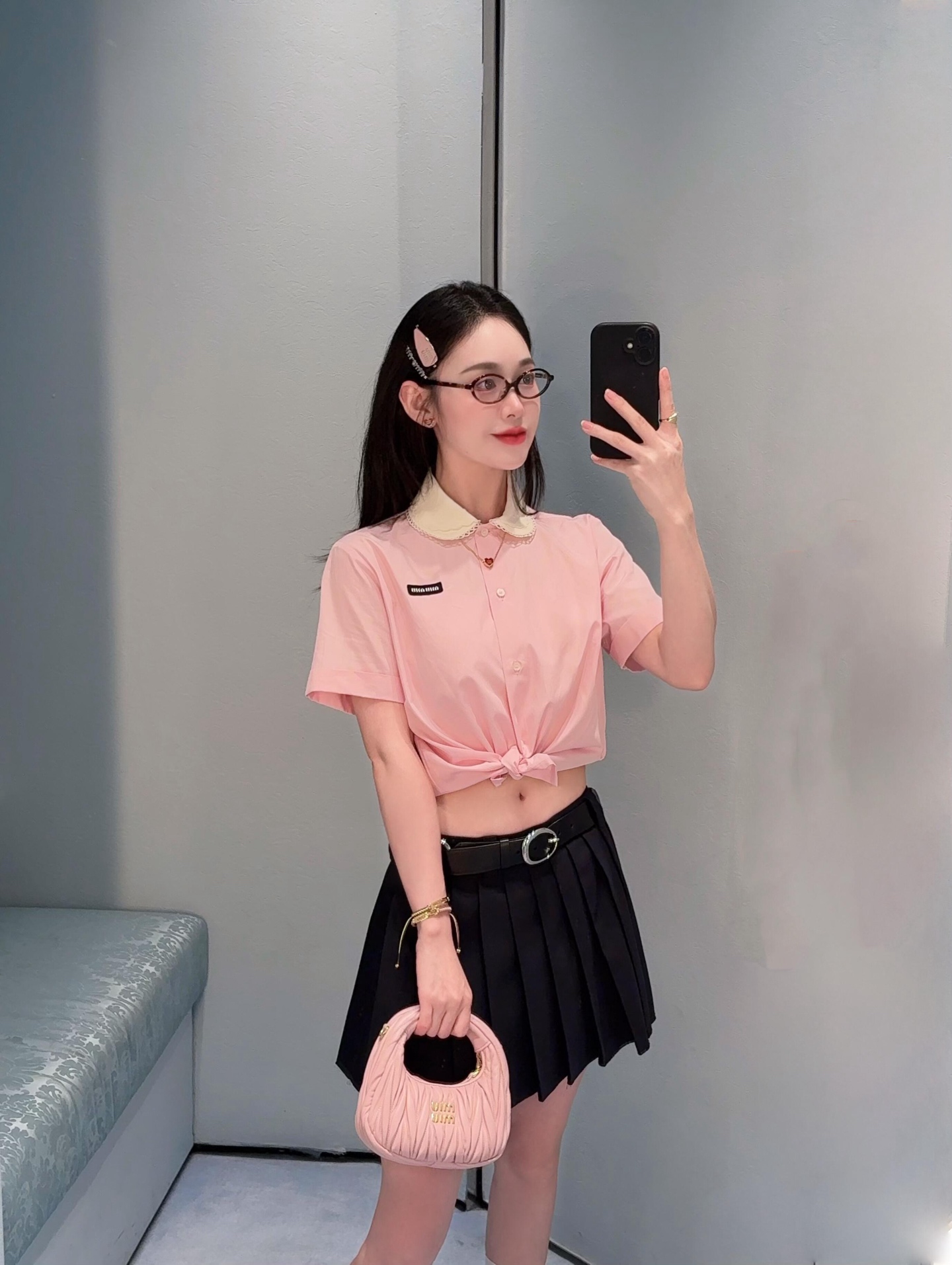 Miu* ミウ シャツ レディース 半袖 可拆卸 レース襟 ピンク