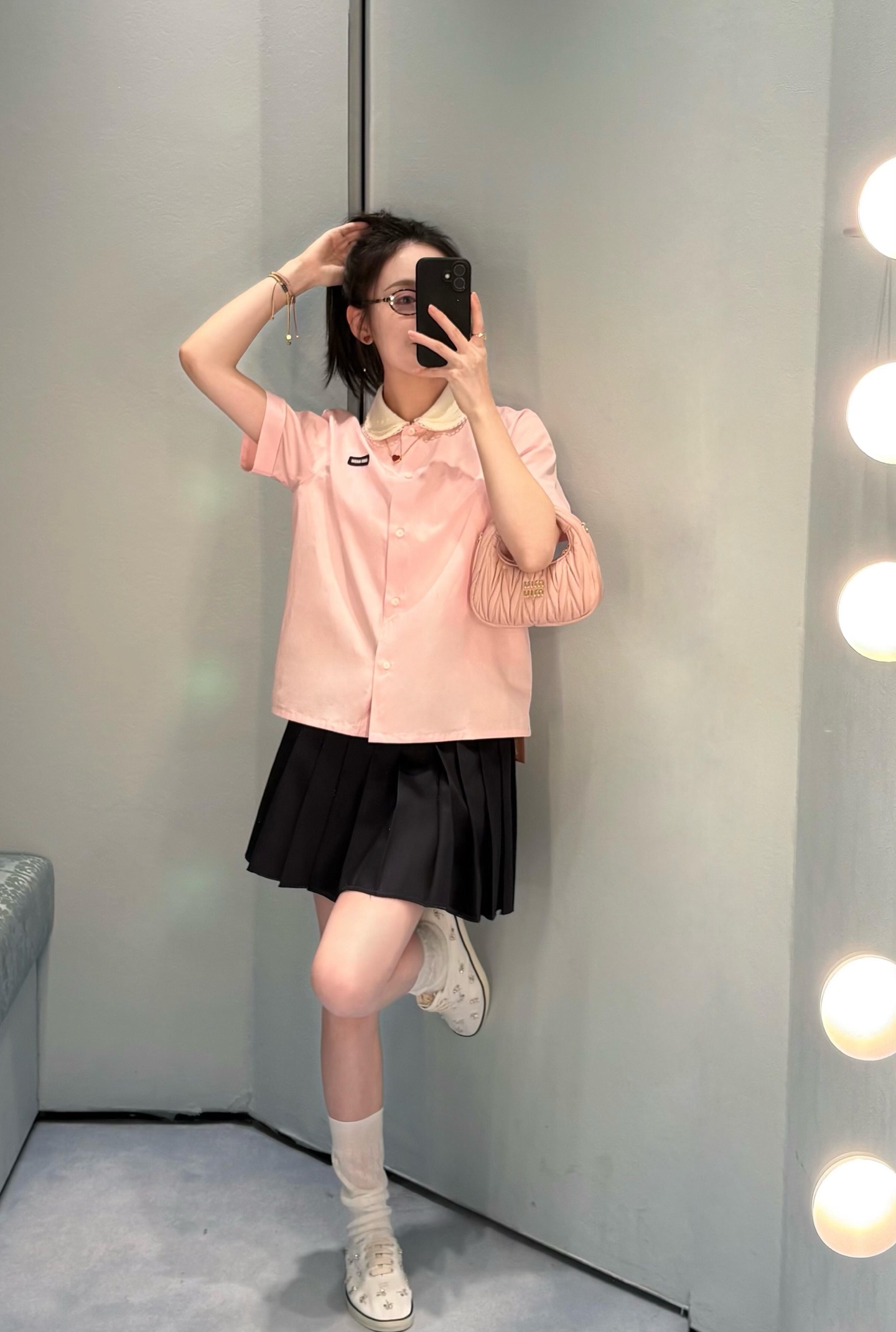 Miu* ミウ シャツ レディース 半袖 可拆卸 レース襟 ピンク - 画像 3