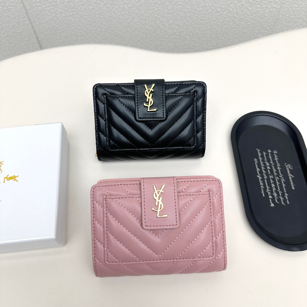 YSL イズナイアール 折り財布 ファスナー 黒 ピンク 全2色