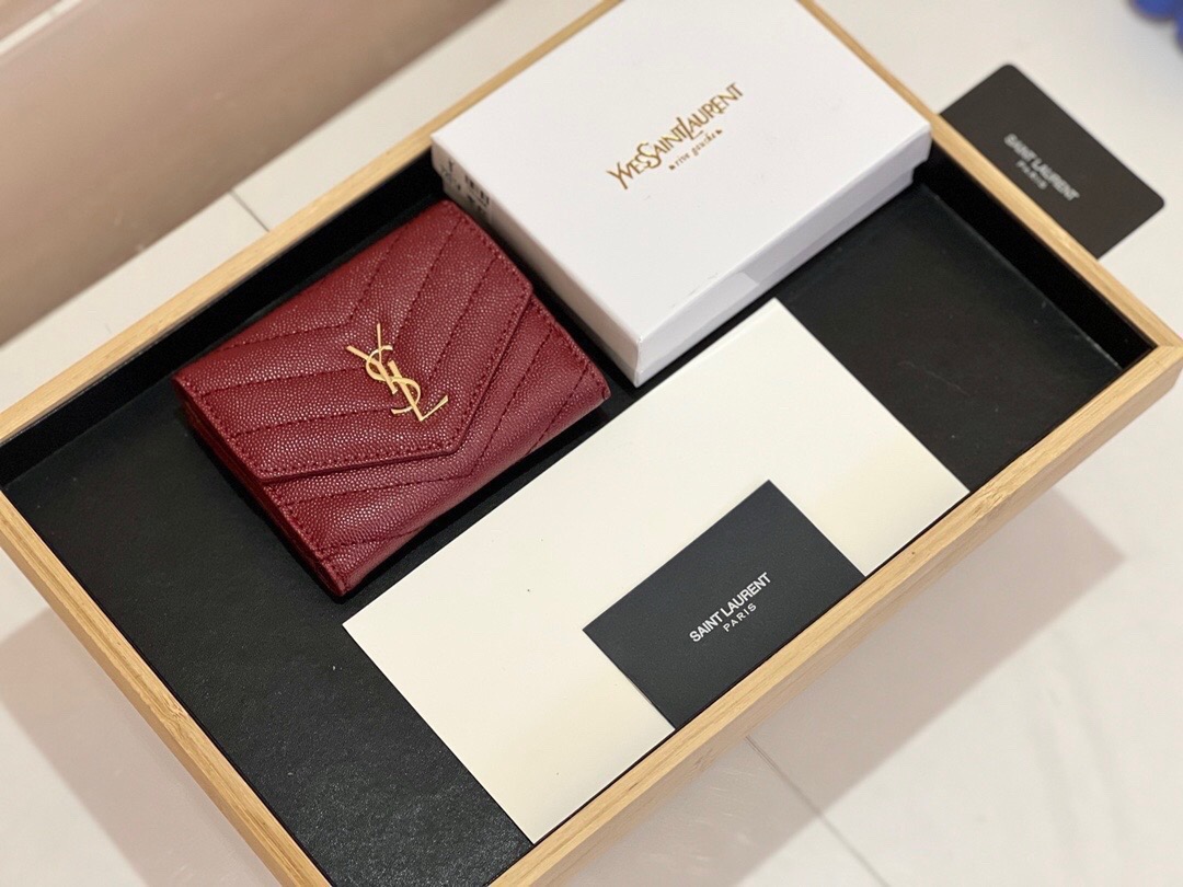 YSL セントローレン 7203 折り財布 魚子柄 本革 ファスナー 黒 枣紅 - 画像 3