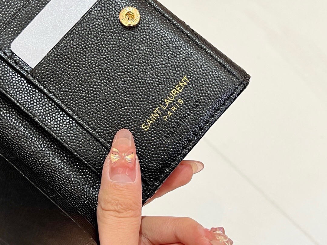 YSL サンローラン 折り財布 魚子紋 ファスナー 黒 枣紅 - 画像 8