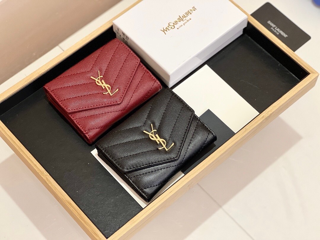 YSL サンローラン 折り財布 魚子紋 ファスナー 黒 枣紅 - 画像 9