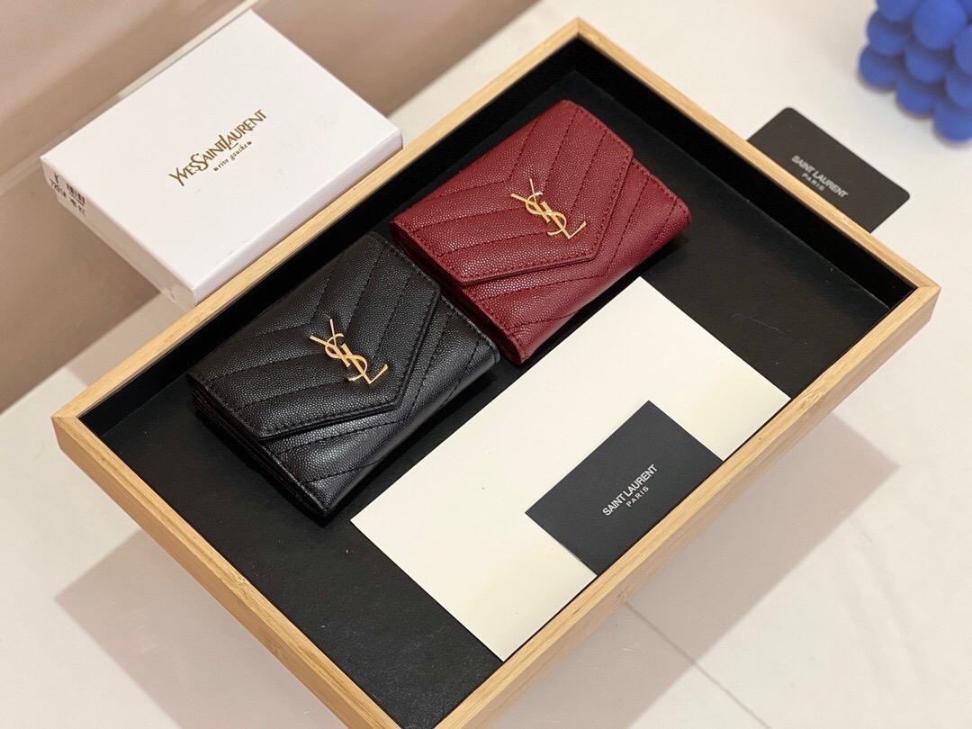 YSL サンローラン 折り財布 魚子紋 ファスナー 黒 枣紅