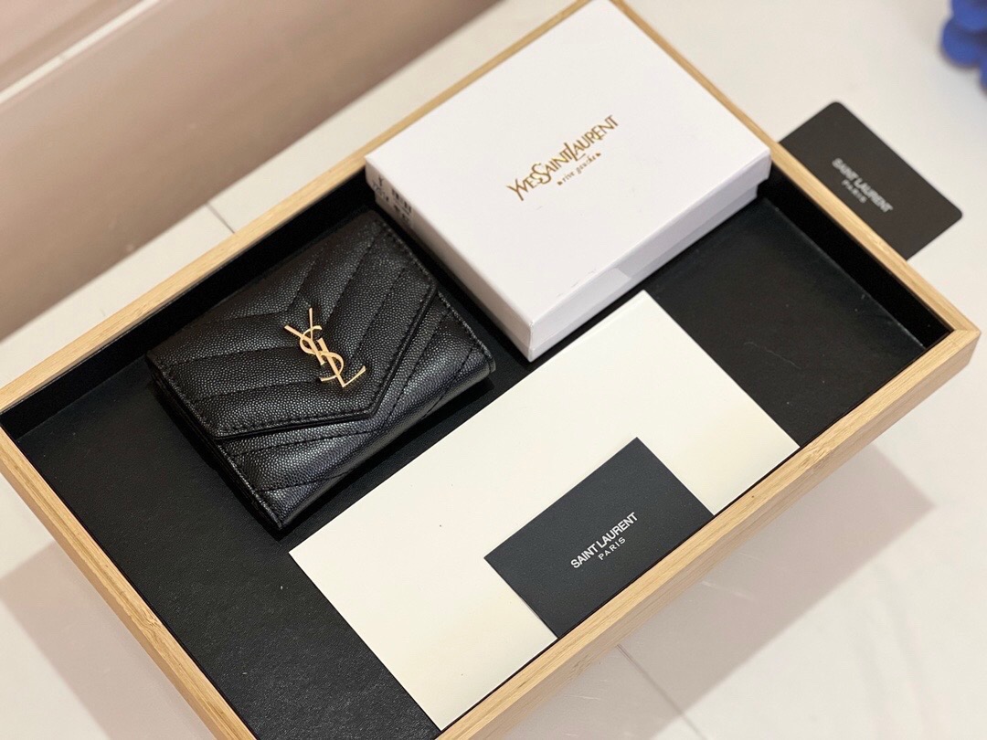 YSL サンローラン 折り財布 魚子紋 ファスナー 黒 枣紅 - 画像 2