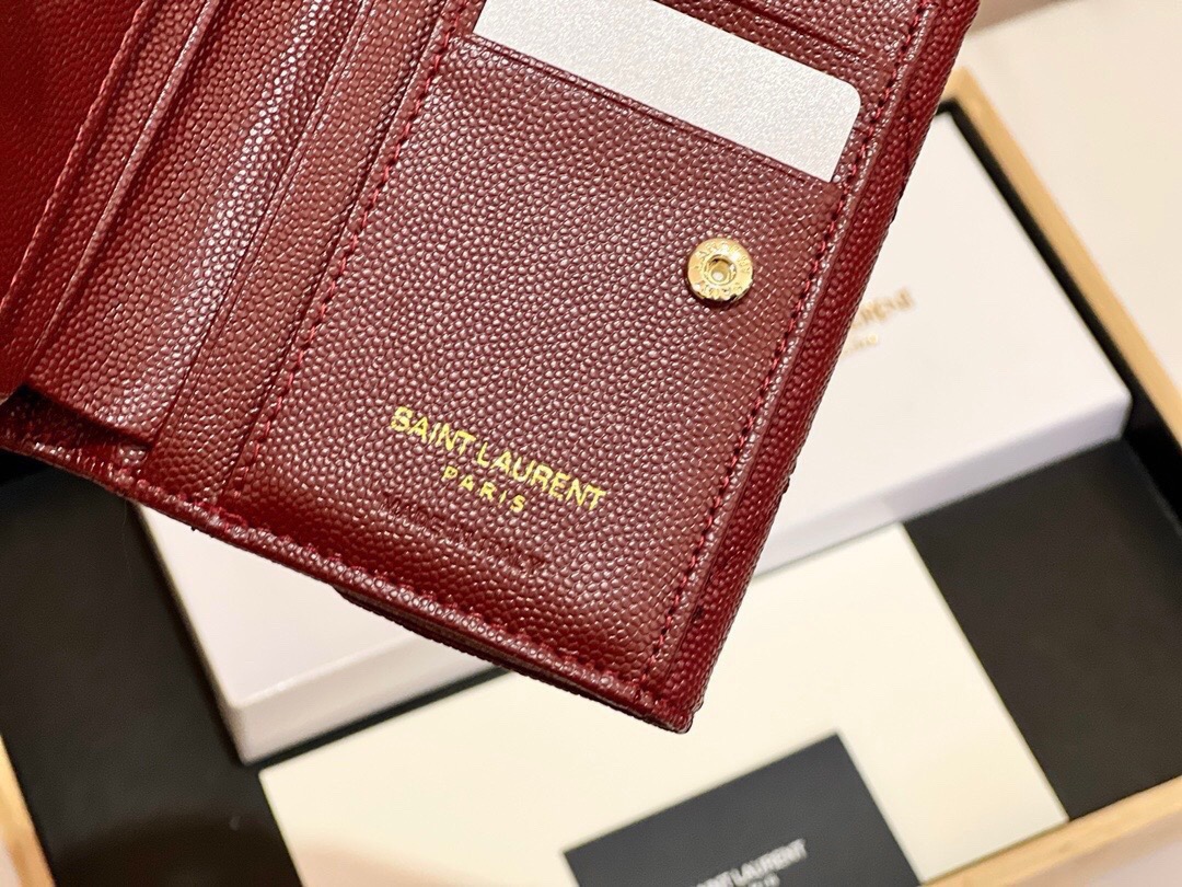 YSL サンローラン 折り財布 魚子紋 ファスナー 黒 枣紅 - 画像 4