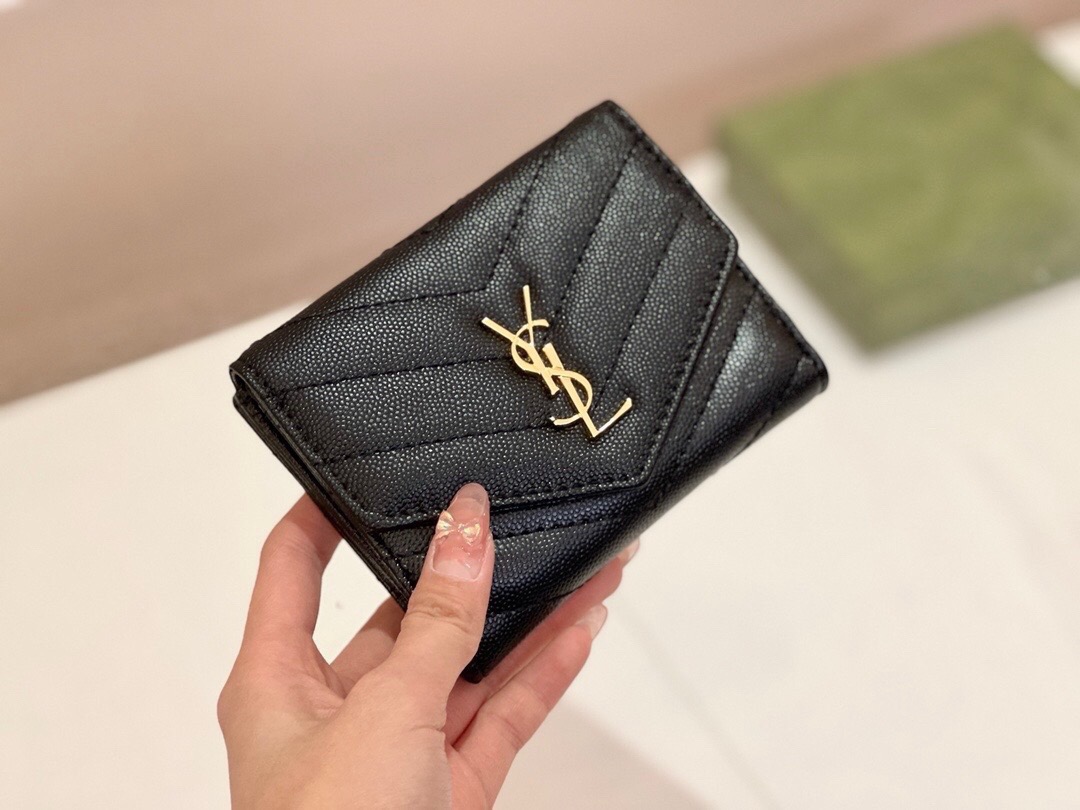 YSL サンローラン 折り財布 魚子紋 ファスナー 黒 枣紅 - 画像 5