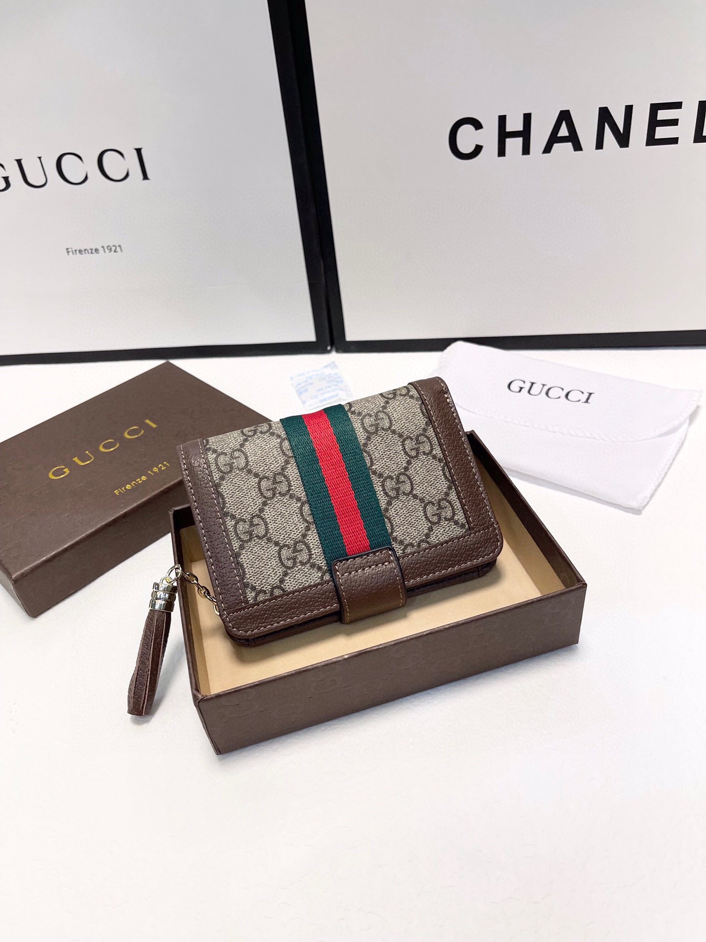 Gucci グッチ 三つ折り財布 ブラウン レッドグリーンストライプ 15x10cm - 画像 3