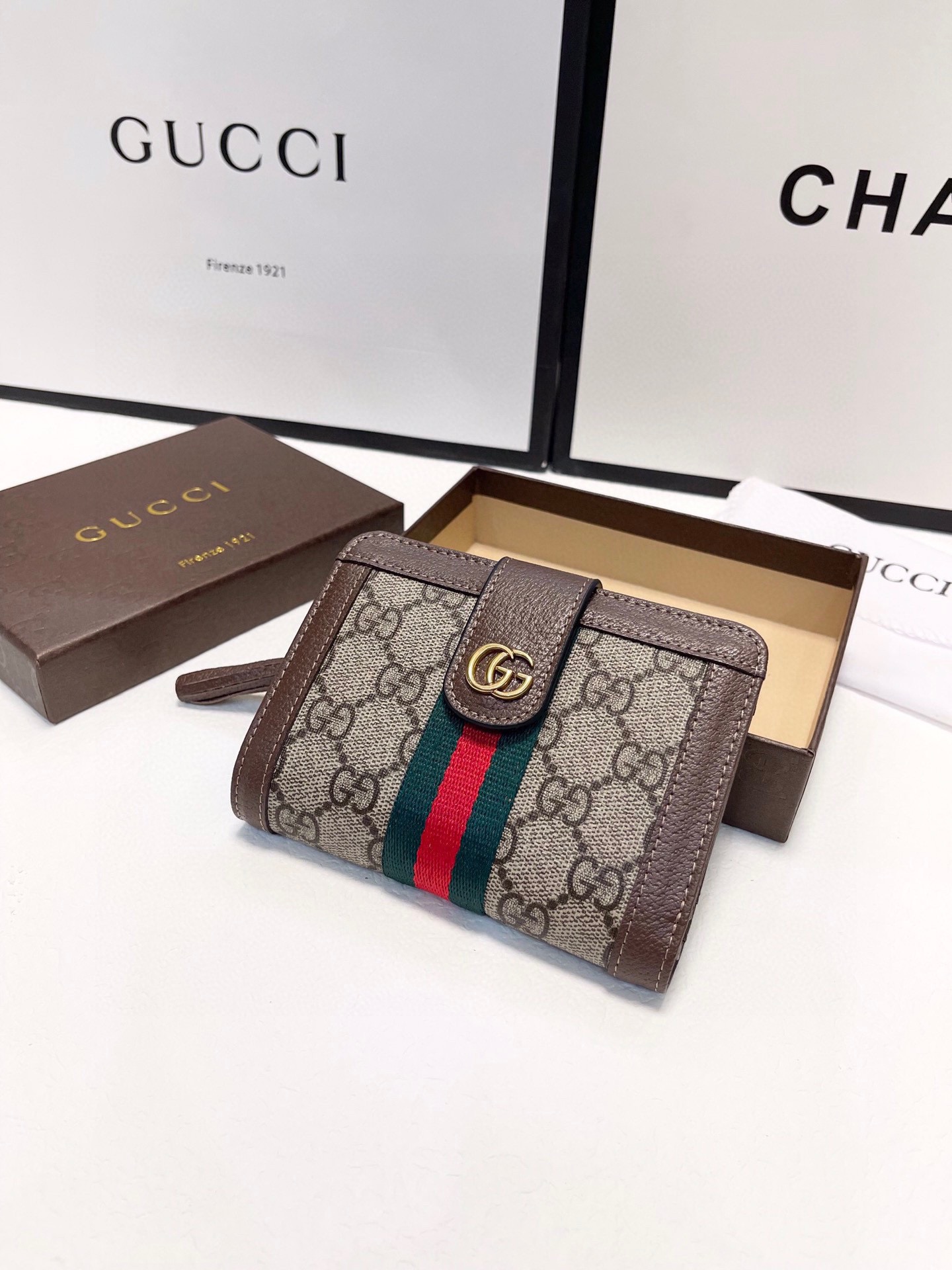 Gucci グッチ 三つ折り財布 ブラウン レッドグリーンストライプ 15x10cm - 画像 9